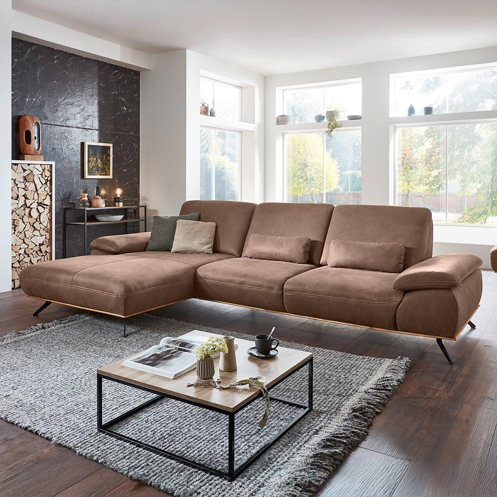 Wohnlandschaft Erling Braun - Beige/Schwarz, MODERN, Leder/Metall (187/89/322cm) - Premium Living