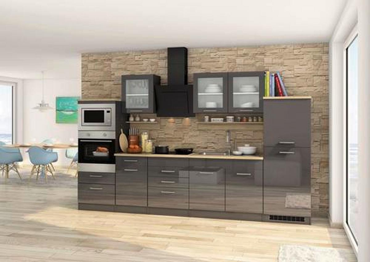 Küchenblock in Anthrazit inkl. E-Geräte 'Mailand' - Chromfarben/Eichefarben, MODERN, Holzwerkstoff/Metall (330cm) - Held