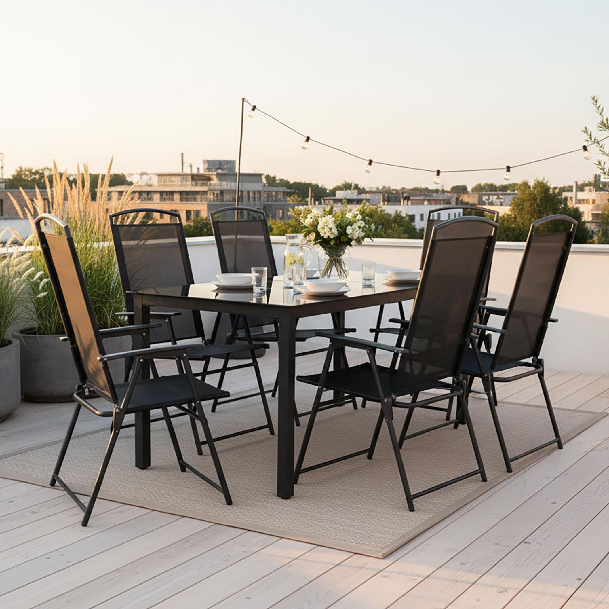 Gartentischgruppe Schwarz 7-teilg - Anthrazit/Schwarz, Basics, Glas/Textil (140/80/73cm) - Gardenson