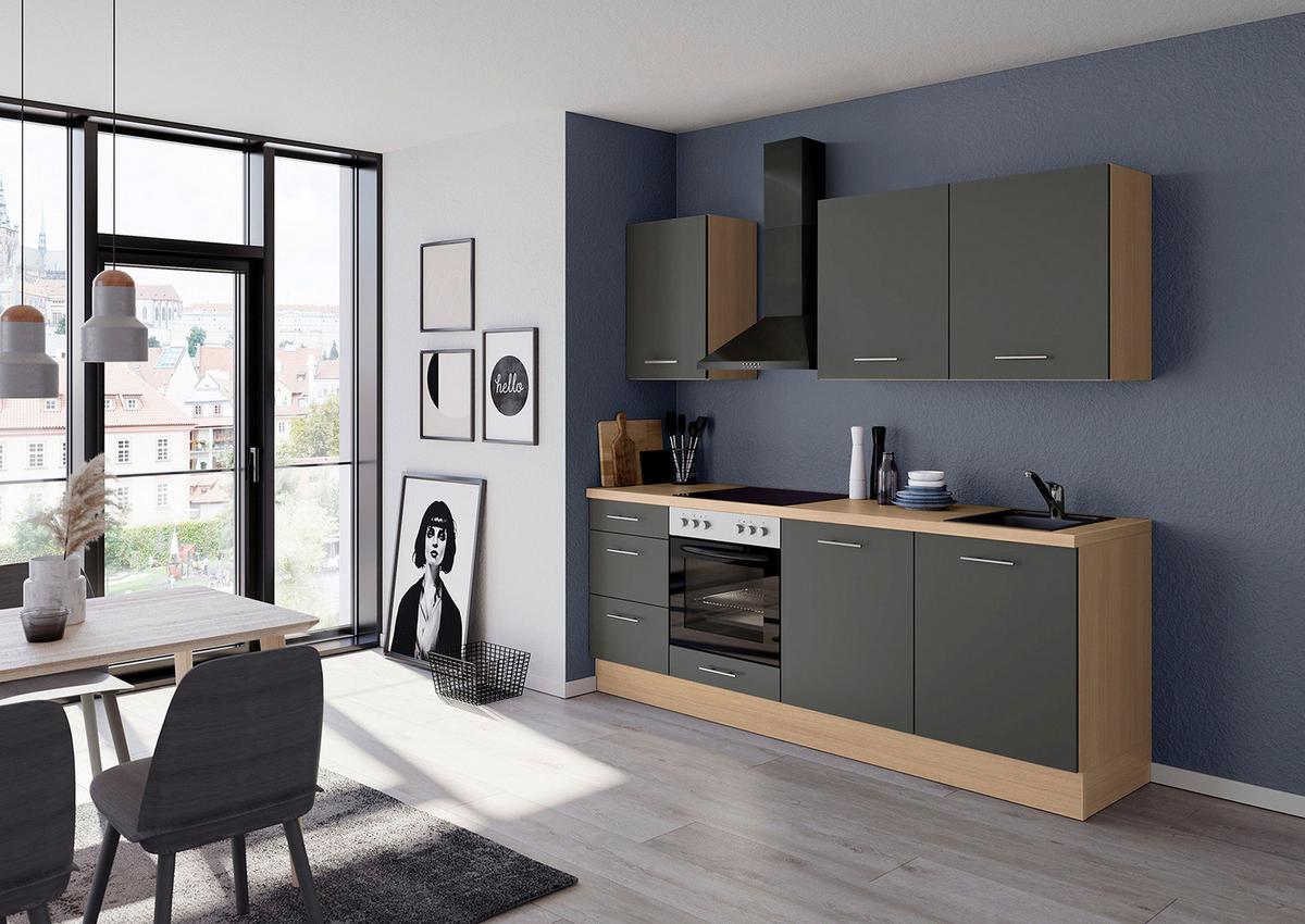 Küchenblock IBZ ohne Geräte ca. 230 cm Dunkelgrau - Edelstahlfarben/Eichefarben, Design, Holzwerkstoff/Metall (230cm) - Impuls