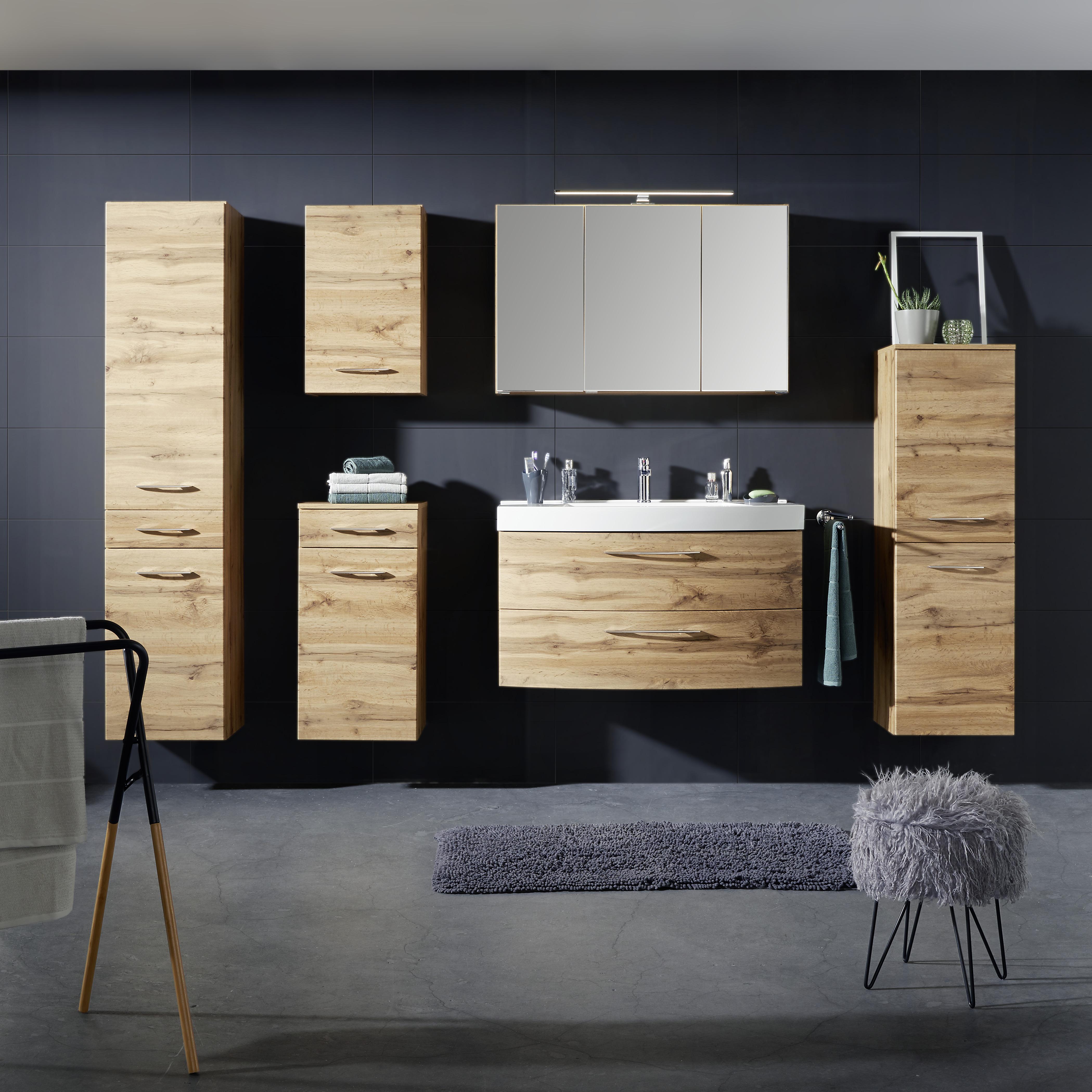 Spiegelschrank Florida Eichefarben mit LED - Chromfarben/Eichefarben, MODERN, Glas/Holzwerkstoff (100/64/20cm) - Premium Living
