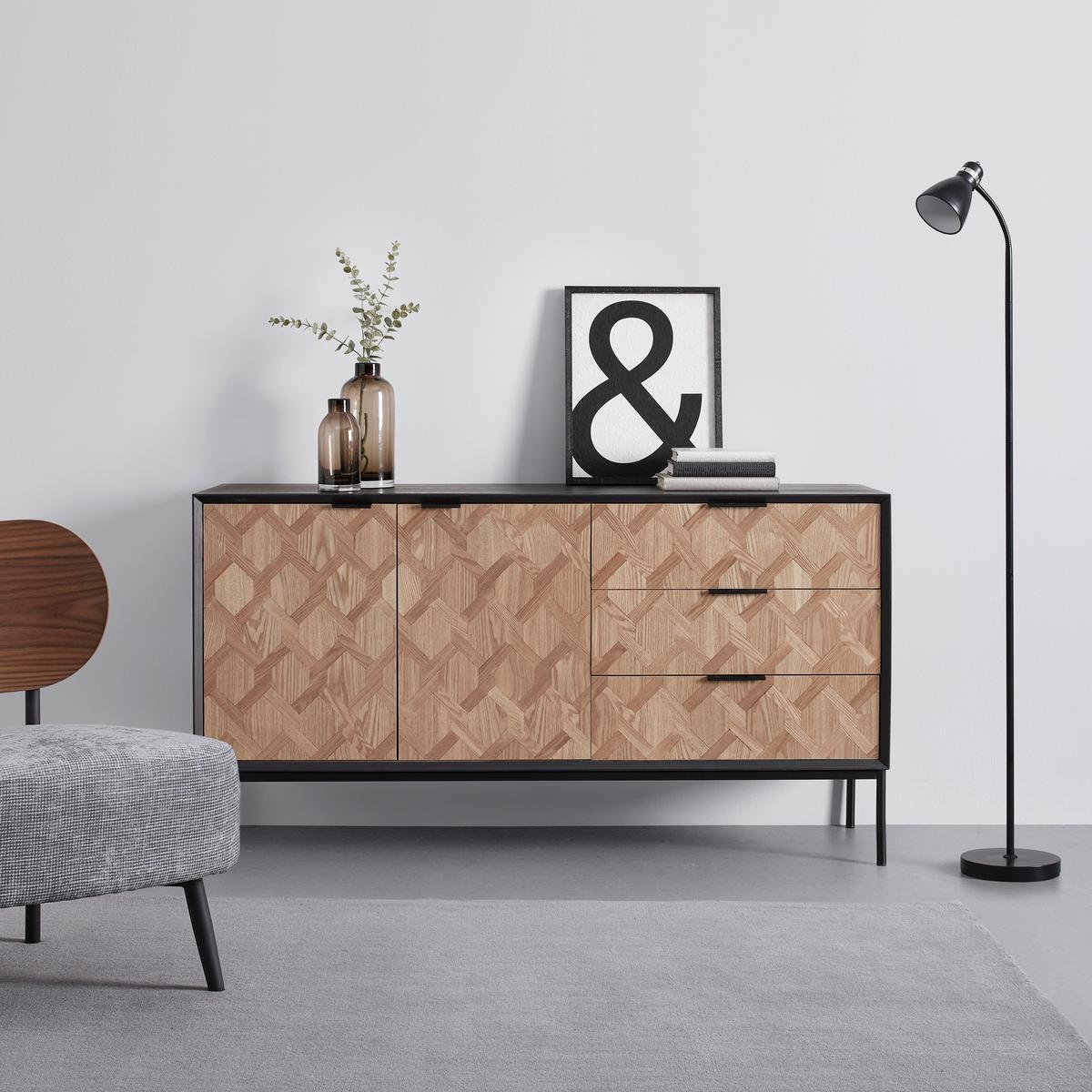 Sideboard Milano Schwarz/Esche furniert - Eschefarben/Schwarz, MODERN, Holz/Metall (144/79/40cm) - Bessagi Home