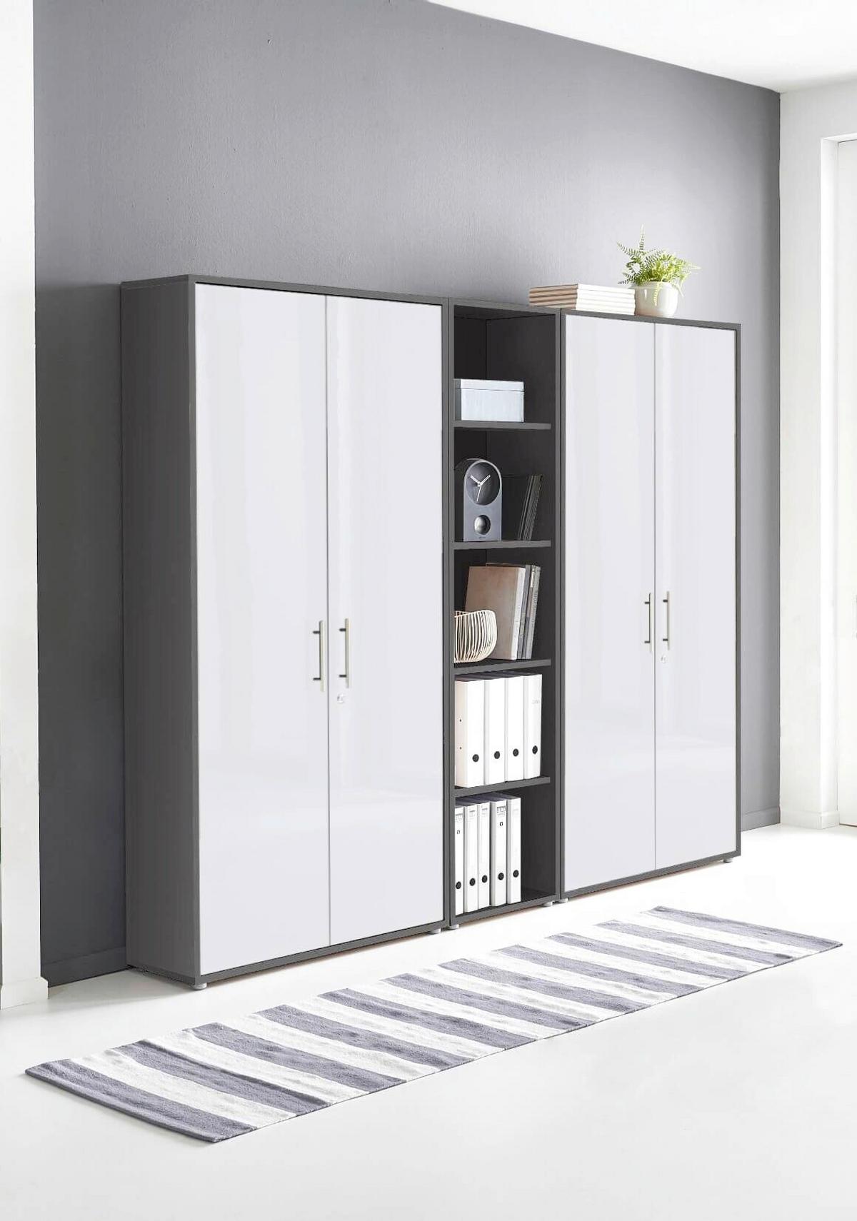 AKTENSCHRANK OFFICE EDITION - SW SET 10 - Weiß Hochglanz/Anthrazit, MODERN, Holzwerkstoff (212,9/185,6/33cm) - MID.YOU