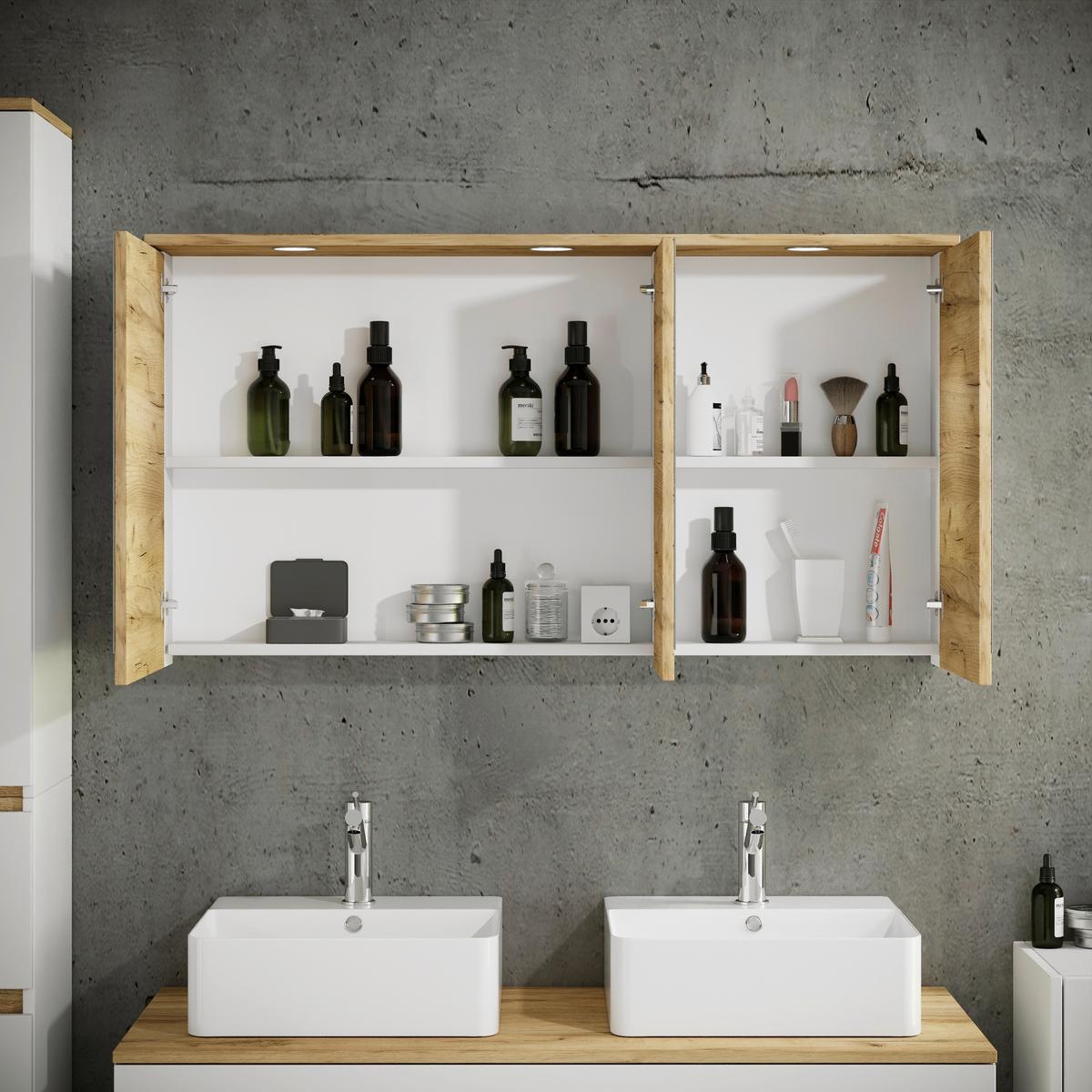 Spiegelschrank Cosila - Honigeiche/Weiss, Trend, Glas/Holzwerkstoff (110/59/23cm) - MID.YOU