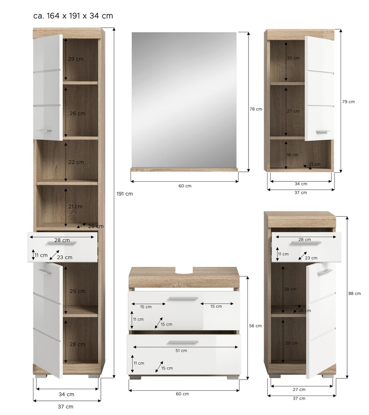 Kopalnica Lambada, Barva Hrasta, Bela, 5-Delna - srebrne barve/bela, Moderno, umetna masa/steklo (134cm) - MID.YOU