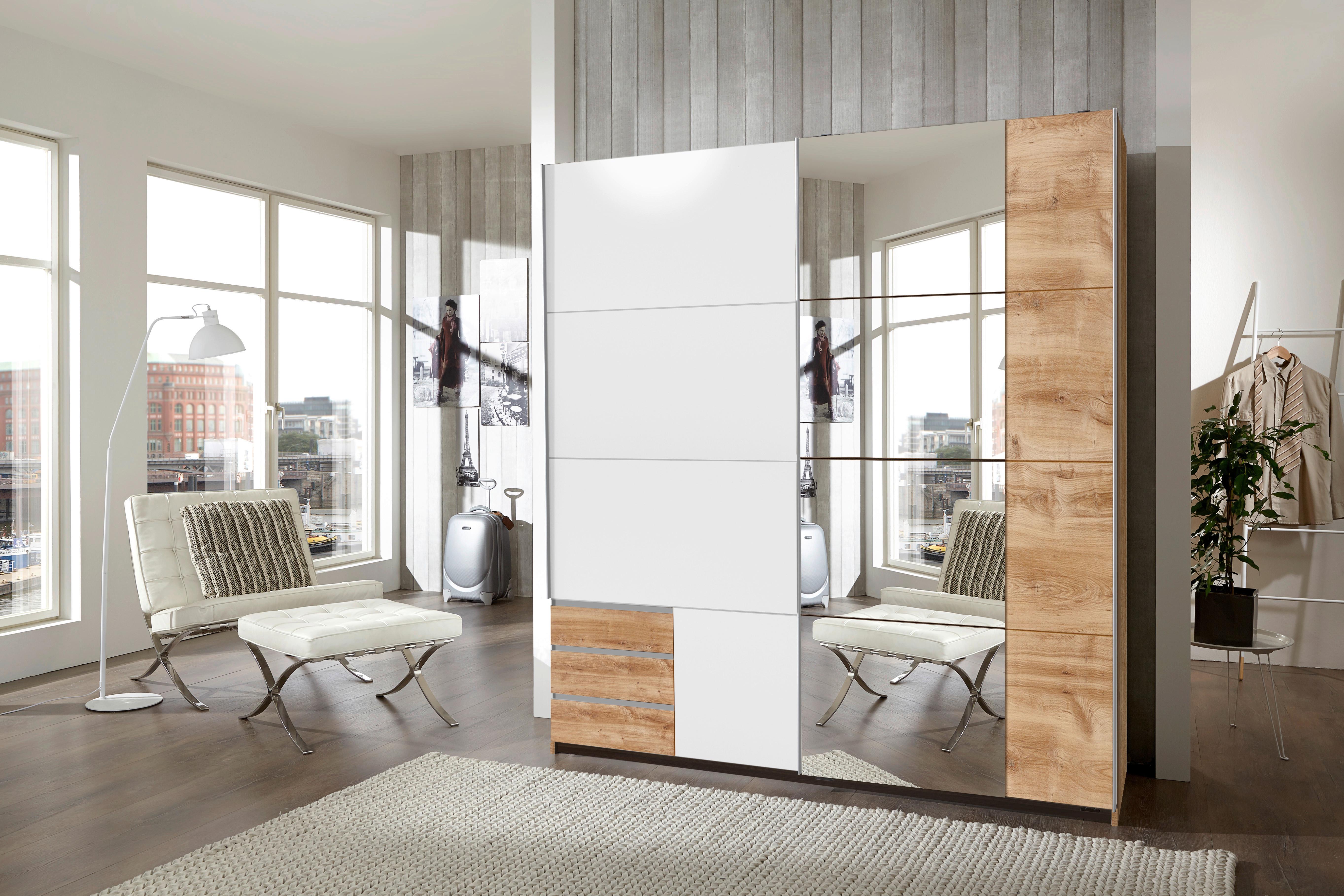 Schwebetürenschrank Emden Eichefarben ca. 180x198x64cm - Eichefarben/Weiß, MODERN, Holzwerkstoff (180/198/64cm) - Mömax
