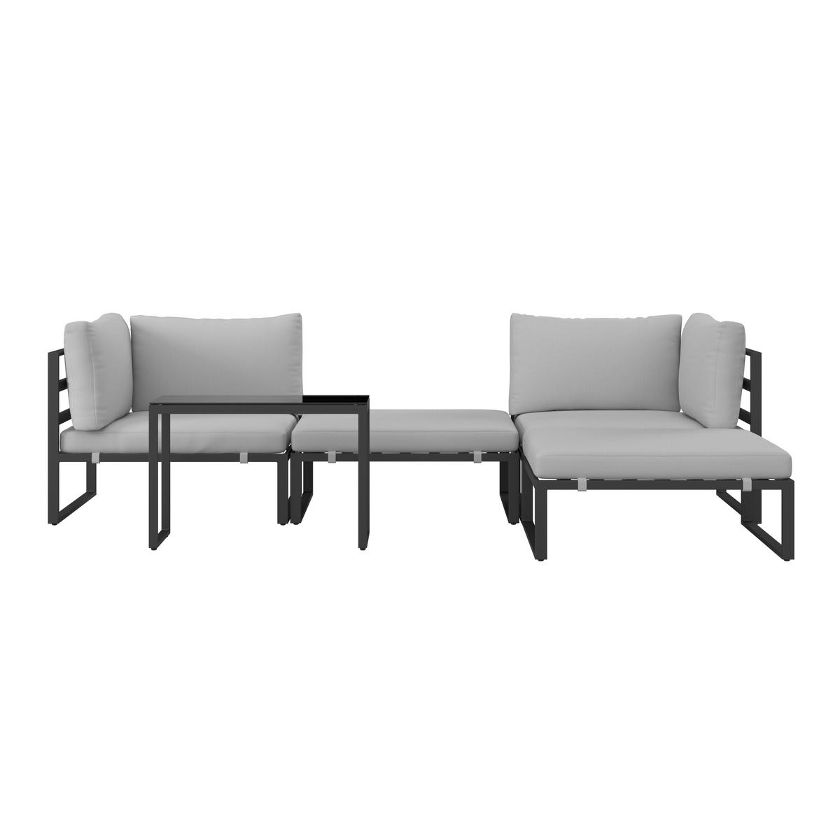 Loungegarnitur Valentina Grau Metall/Outdoorstoff +Abdeckung - Schwarz/Grau, MODERN, Glas/Textil (90/65/74cm) - Bessagi Garden