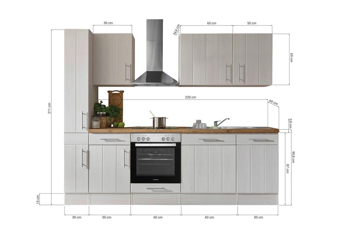 Küchenblock Anton Landhaus ohne Geräte ca. 250 cm Weiß - Edelstahlfarben/Lärchefarben, Basics, Holzwerkstoff/Metall - Respekta