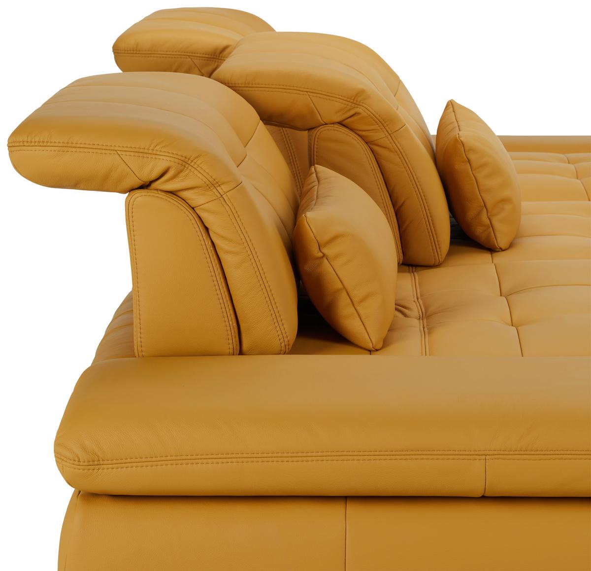 Ledersofa in Gelb mit Bettfunktion - Currygelb/Chromfarben, Konventionell, Leder/Metall (305/199cm) - Premium Living