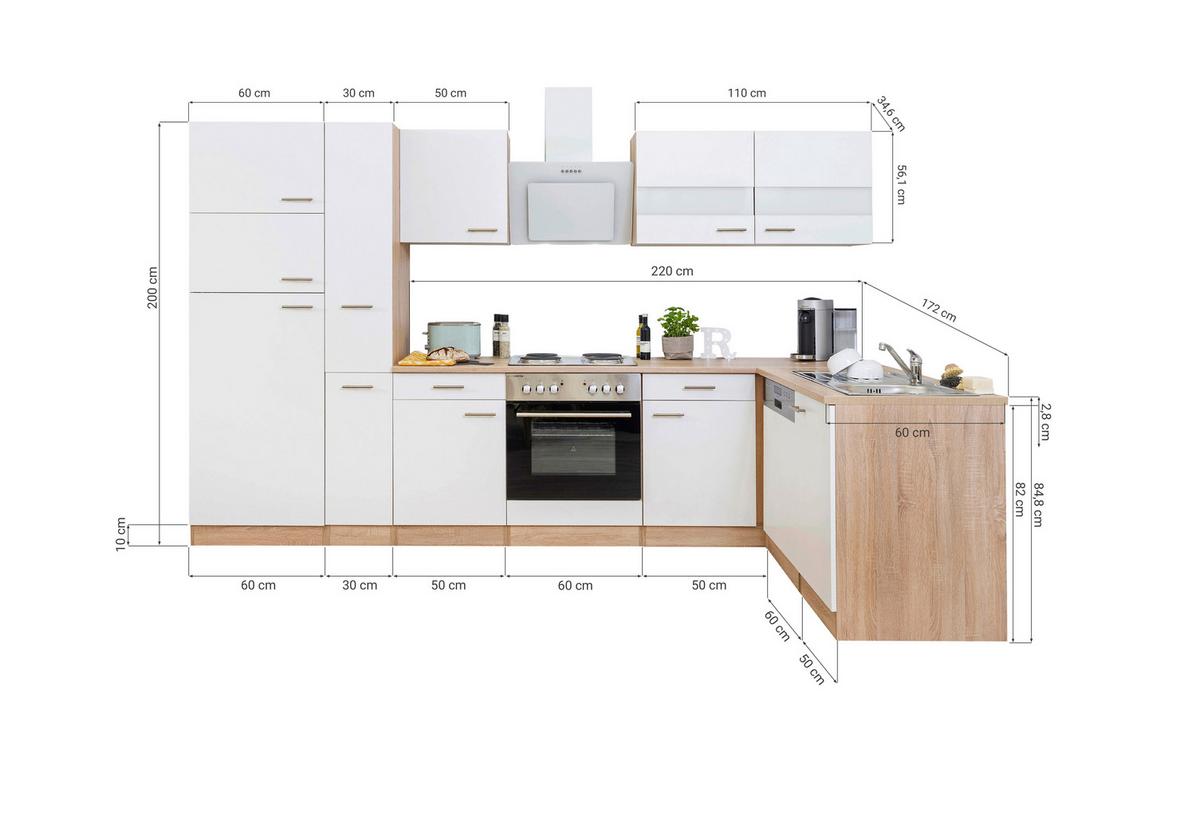 Eckküche Economy Weiß Eichefarben ca. 172x310 cm - Chromfarben/Eichefarben, Basics, Glas/Holzwerkstoff (172/310cm) - Respekta
