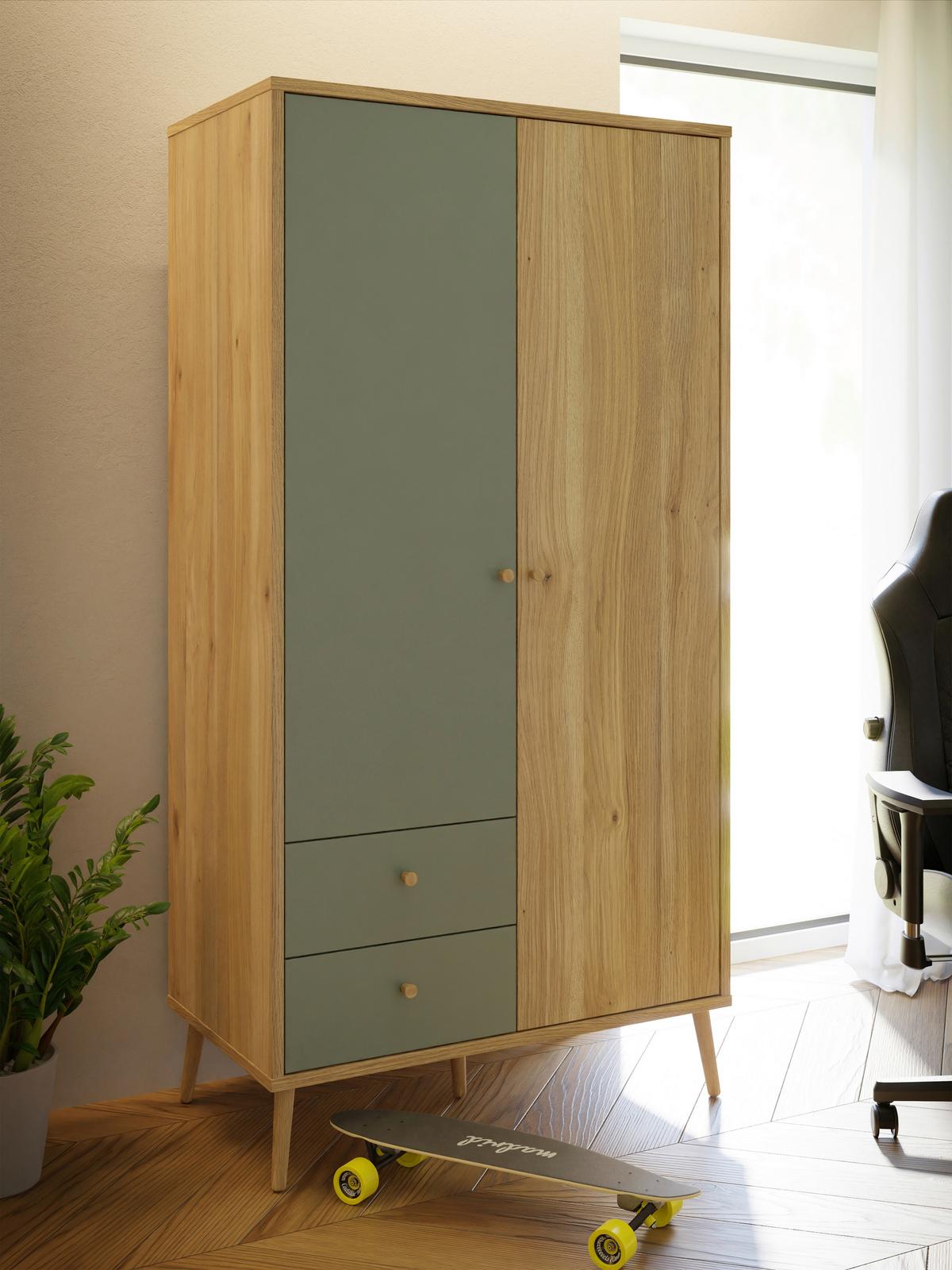 Kleiderschrank Whenua Grün/Eichefarben - Eichefarben/Grün, KONVENTIONELL, Holz/Holzwerkstoff (95/186/52cm) - Mömax