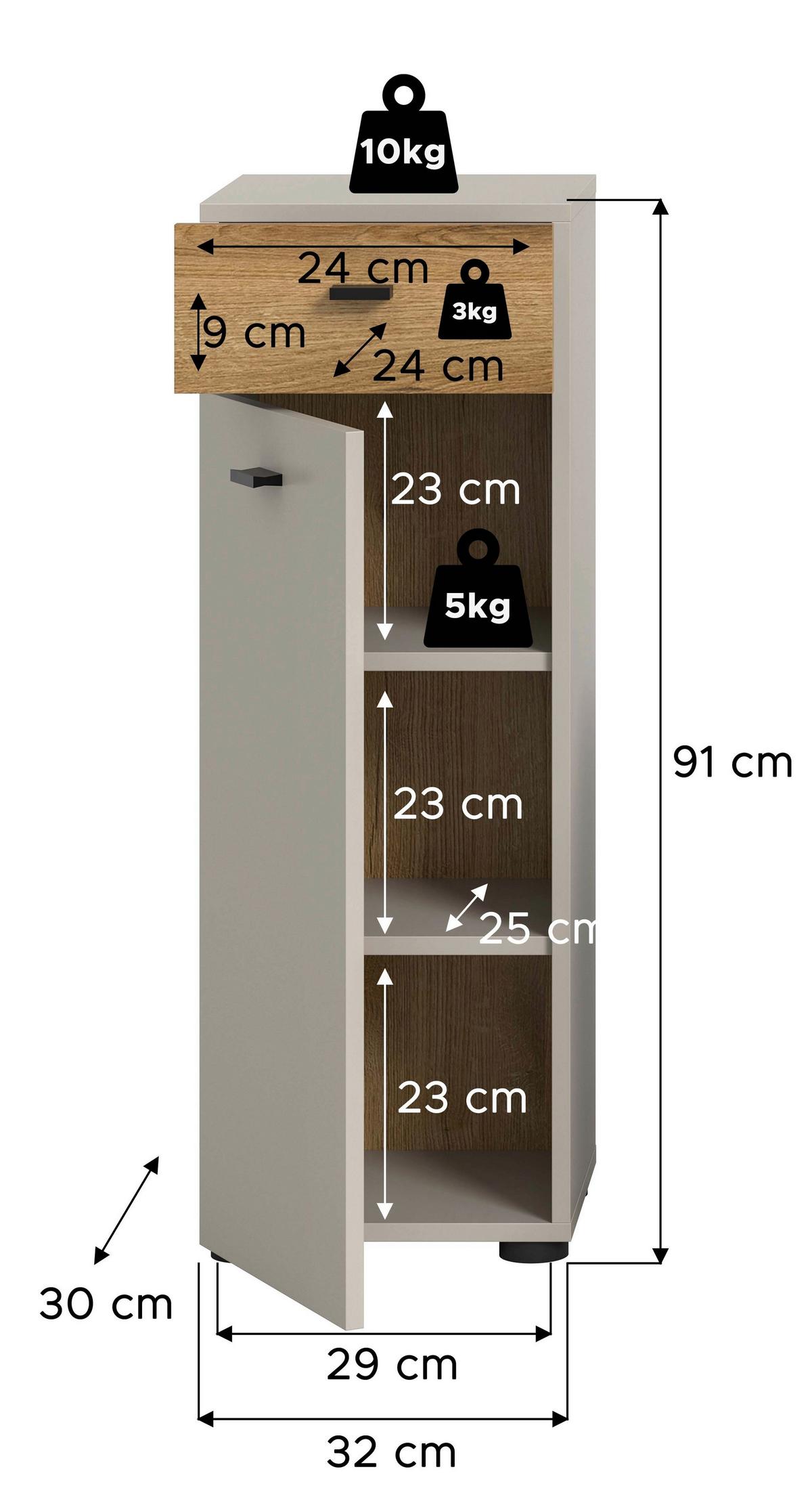 Midischrank Aqua Kaschmir - Kaschmir/Eichefarben, Trend, Holzwerkstoff/Kunststoff (32/91/30cm) - MID.YOU