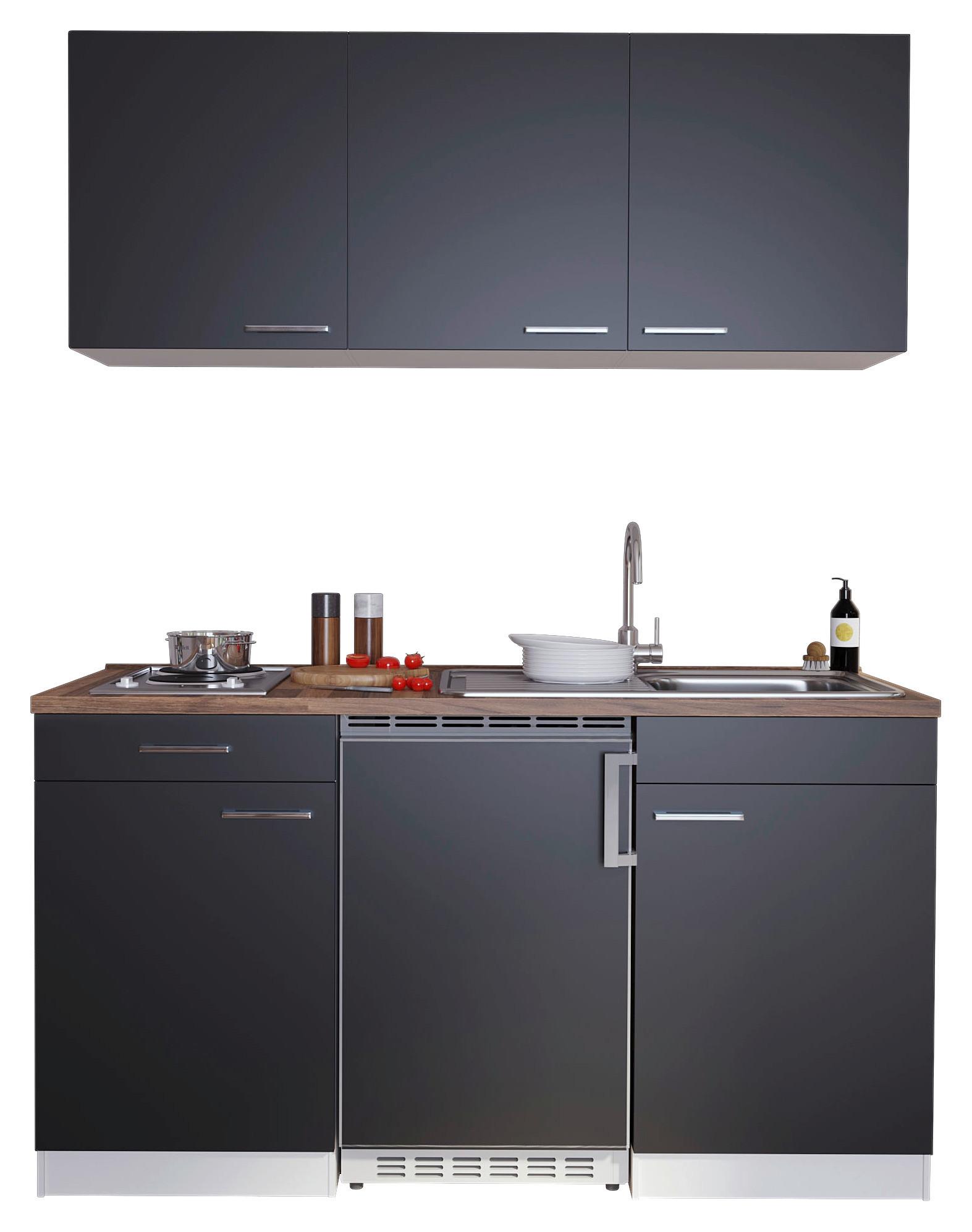Miniküche Economy m. Geräten Schwarz/ Nussbaum ca. 150cm - Edelstahlfarben/Nussbaumfarben, Basics, Holzwerkstoff/Kunststoff (150cm) - Respekta