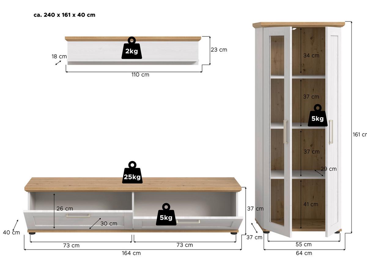 Dnevni Regal Verona, Bela, Barva Macesna, 3-Delni - srebrne barve/črna, Design, umetna masa/leseni material (240/161/40cm) - Livetastic