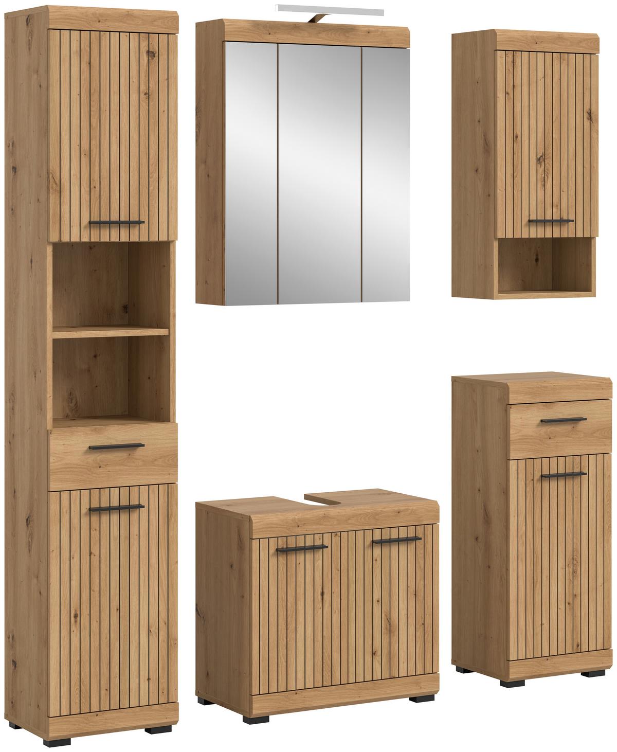 Badezimmer Scout Eiche Artisan 5-teilig - Schwarz/Eiche Artisan, Trend, Glas/Holzwerkstoff (134cm) - MID.YOU