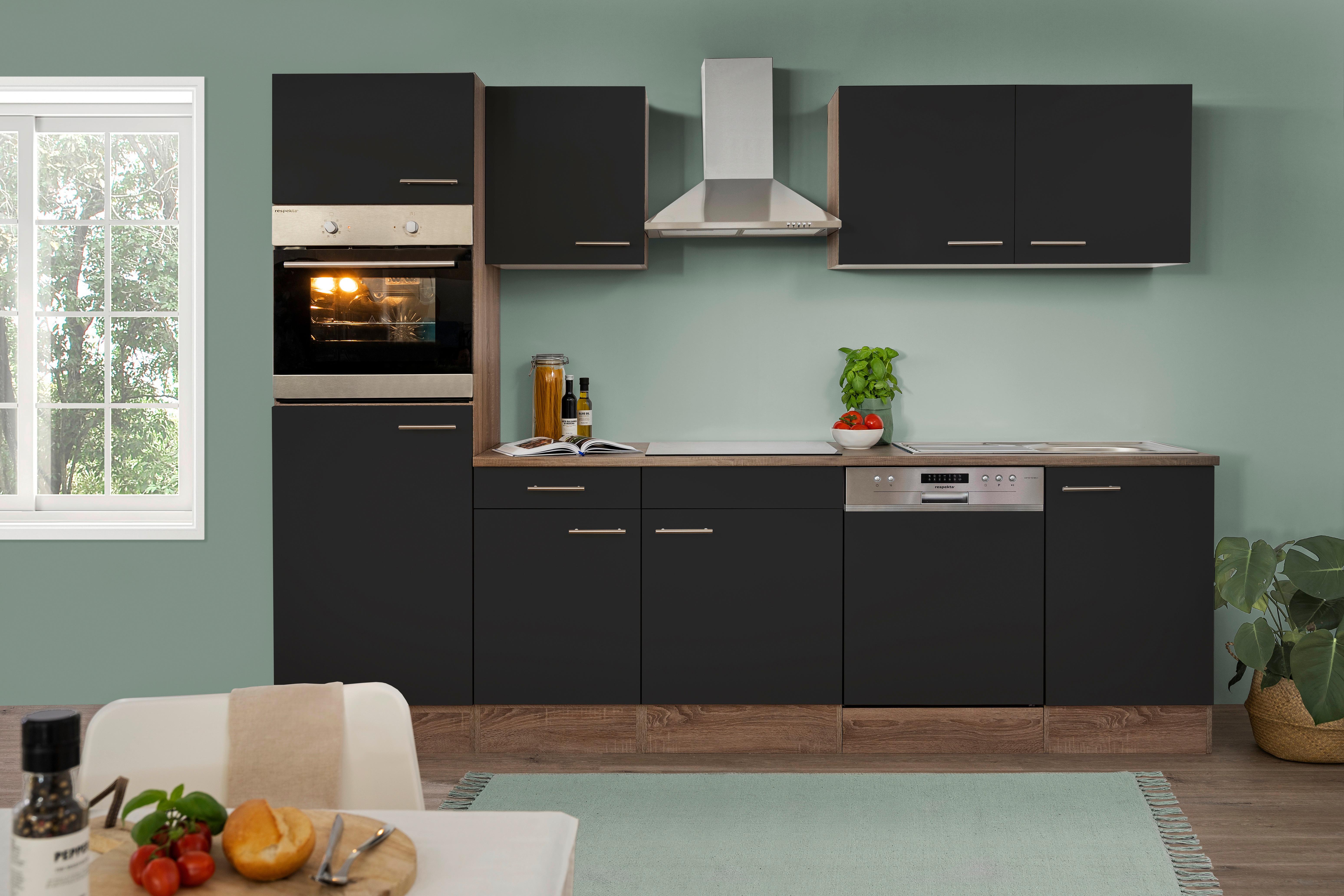 Küchenleerblock LBKB280EYS Schwarz/Eiche York ca. 280 cm - Edelstahlfarben/Eichefarben, Basics, Holzwerkstoff/Metall (280/205/60cm) - Respekta