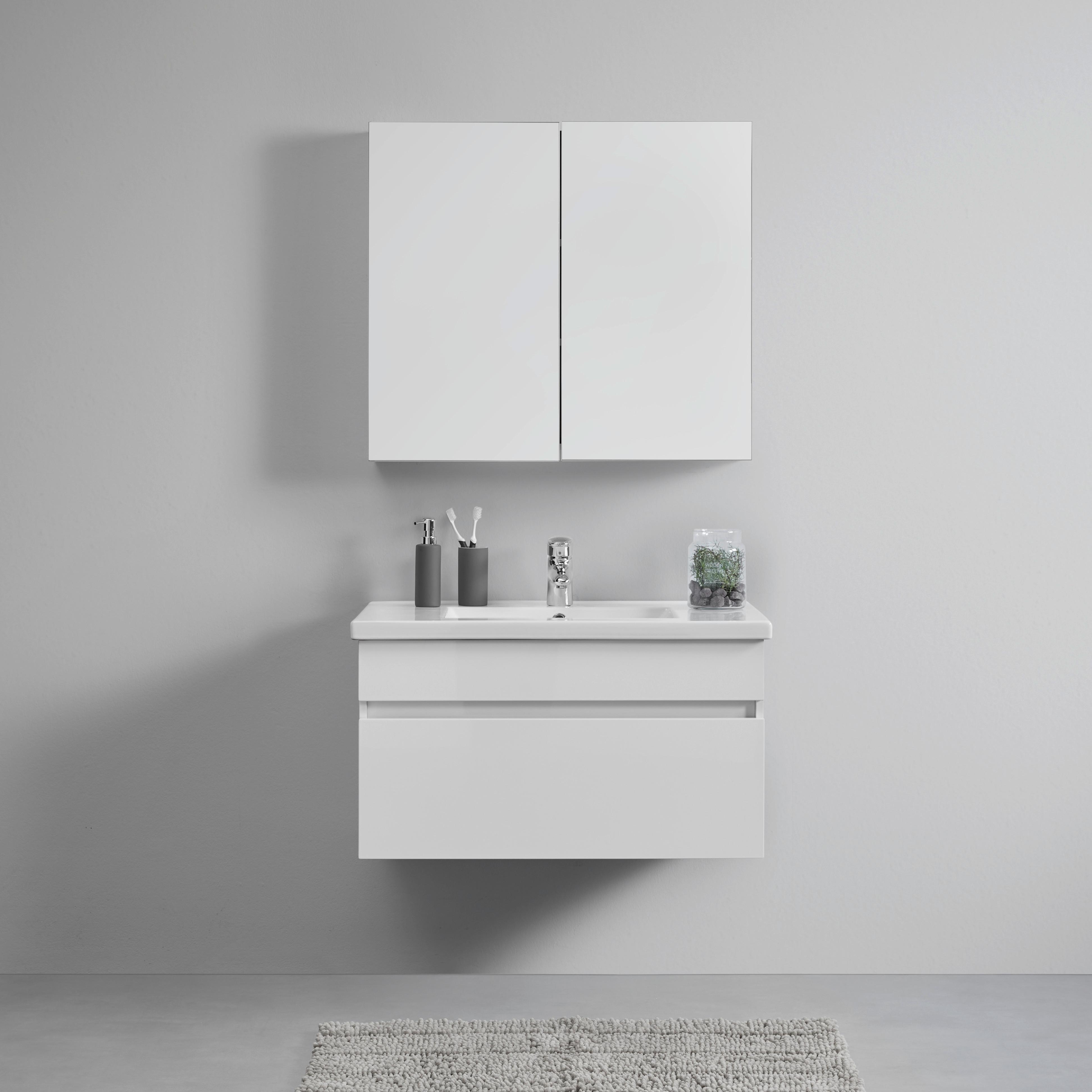 meuble-lavabo Waschbecken & Spiegel, weiss - clair/blanc, Modern, céramique/verre (80/70/47/70/47/13cm) - Bessagi Home