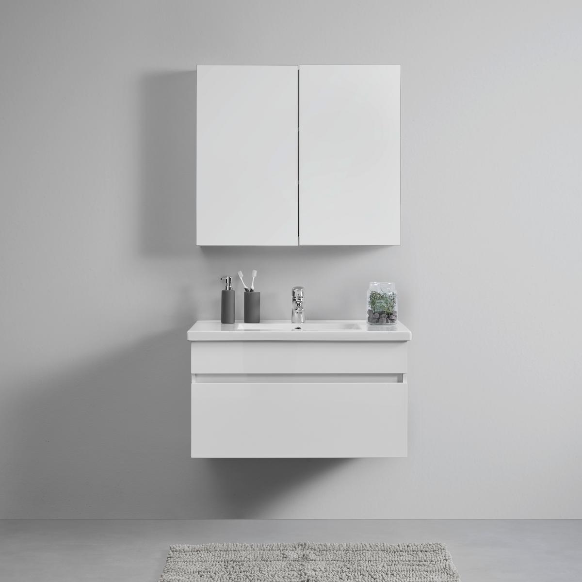 meuble-lavabo Waschbecken & Spiegel, weiss - clair/blanc, Modern, céramique/verre (80/70/47/70/47/13cm) - Bessagi Home
