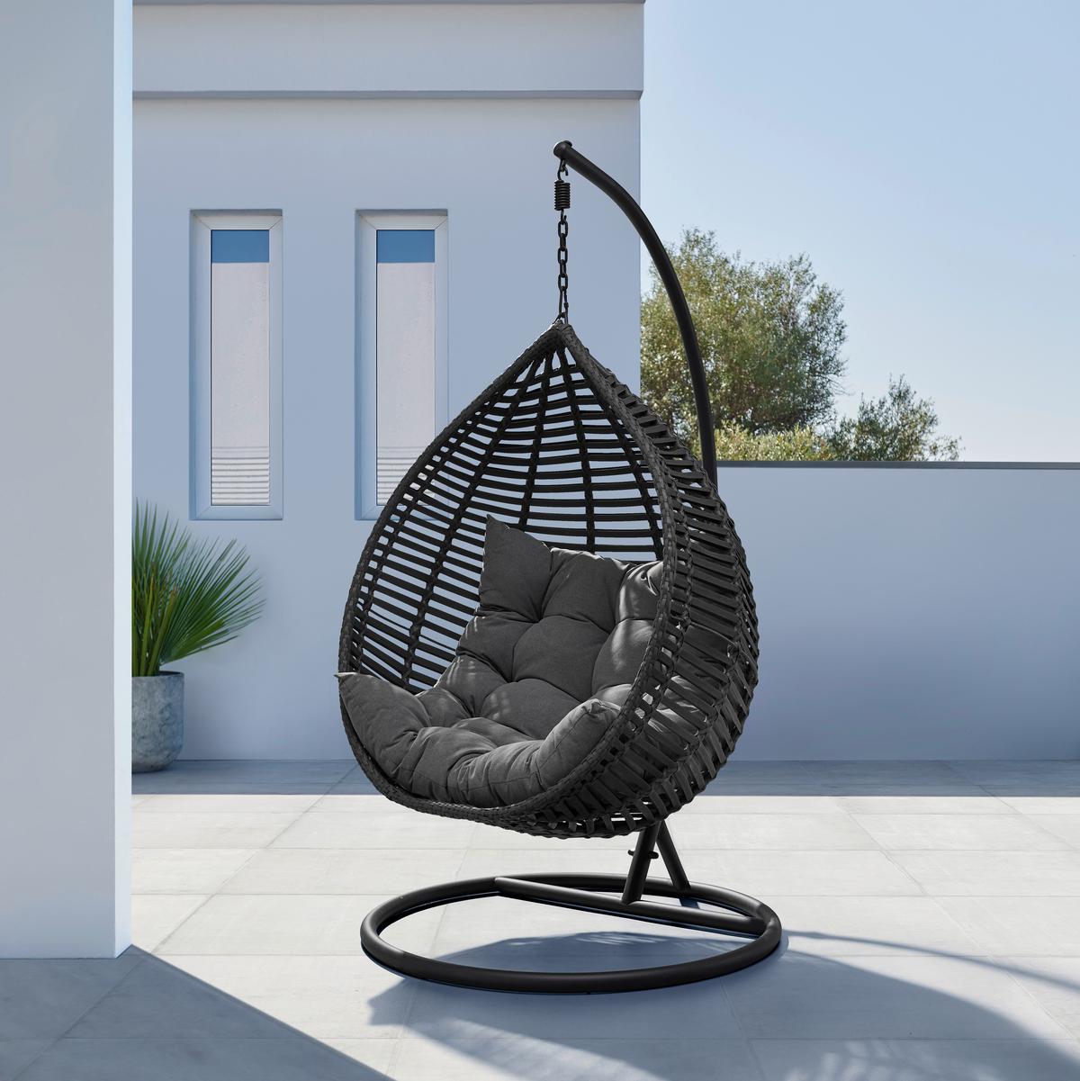 Fotoliu suspendat Nancy - gri închis/negru, Modern, plastic/metal (105/196/120cm) - Bessagi Garden