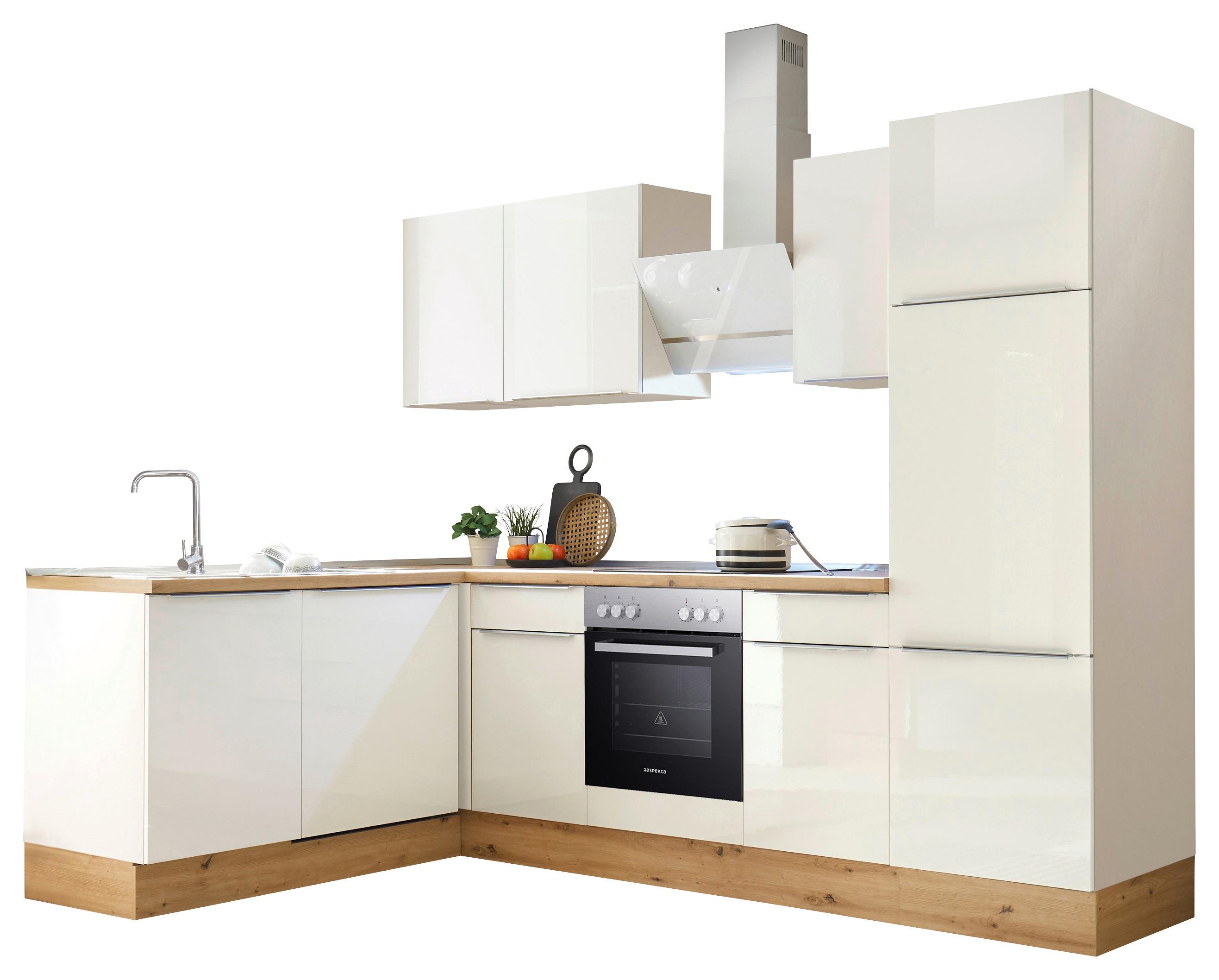 Eckküche Marleen mit Geräten Weiß/Eiche ca. 280x170 cm - Weiß Hochglanz/Alufarben, LIFESTYLE, Holzwerkstoff/Kunststoff (170/280cm) - Respekta