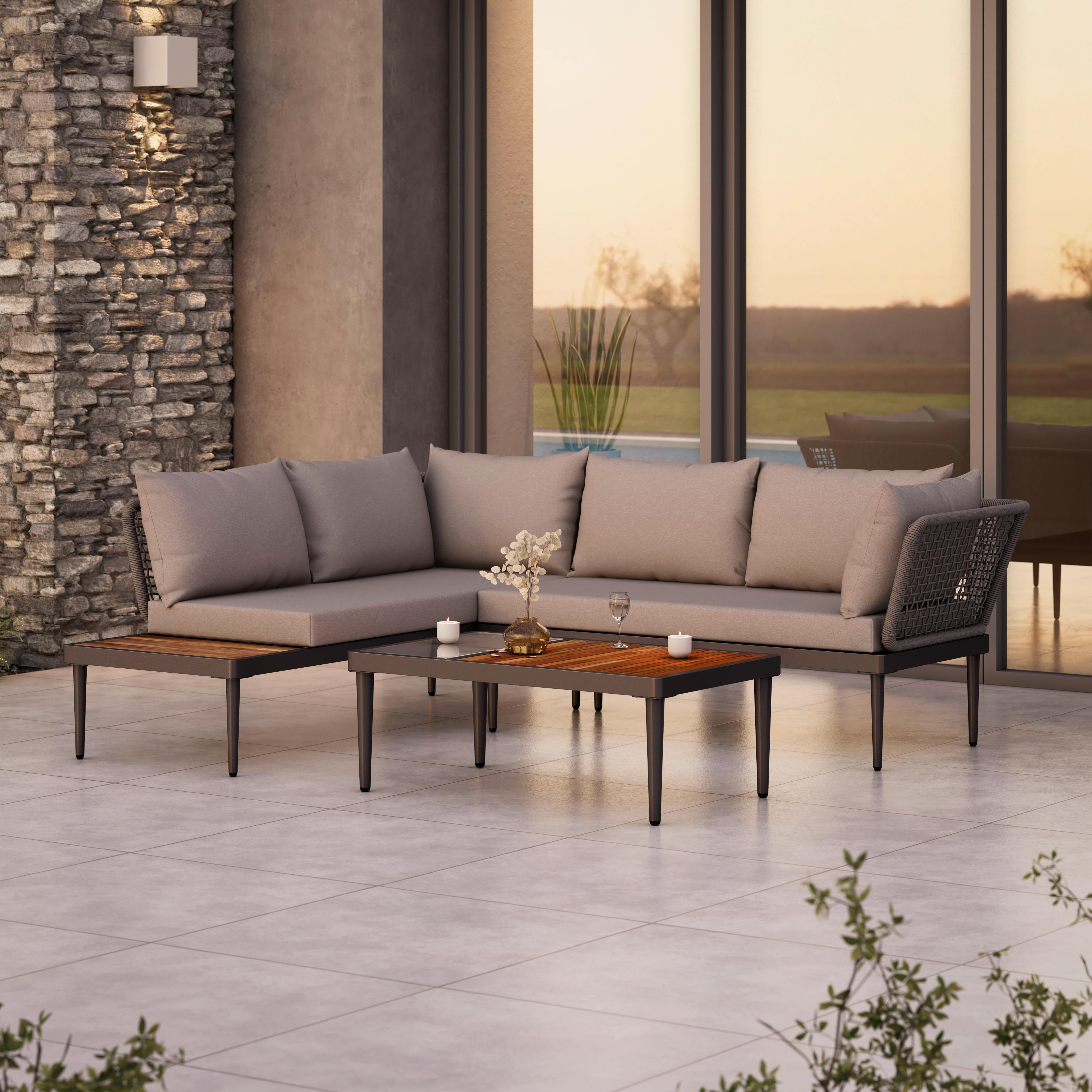 Lounge Garnitura Basel, Siva, Akacija, 3-Delno - siva/naravne barve, Moderno, kovina/steklo (186/150cm) - Beldano