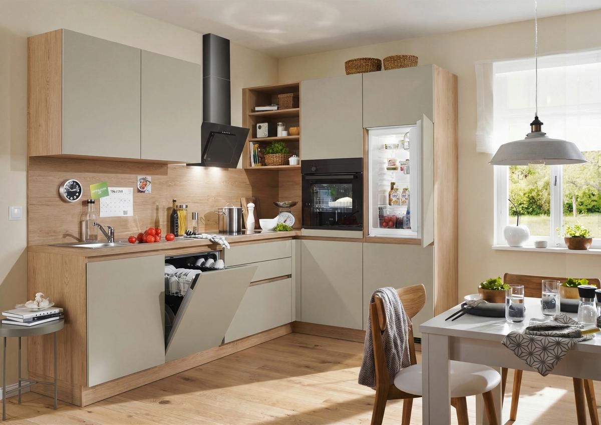 Eckküche Base o. Geräte ca. 275x185cm Cremegrau - Eichefarben/Grau, MODERN, Holzwerkstoff (275/185cm) - Express-Kuechen