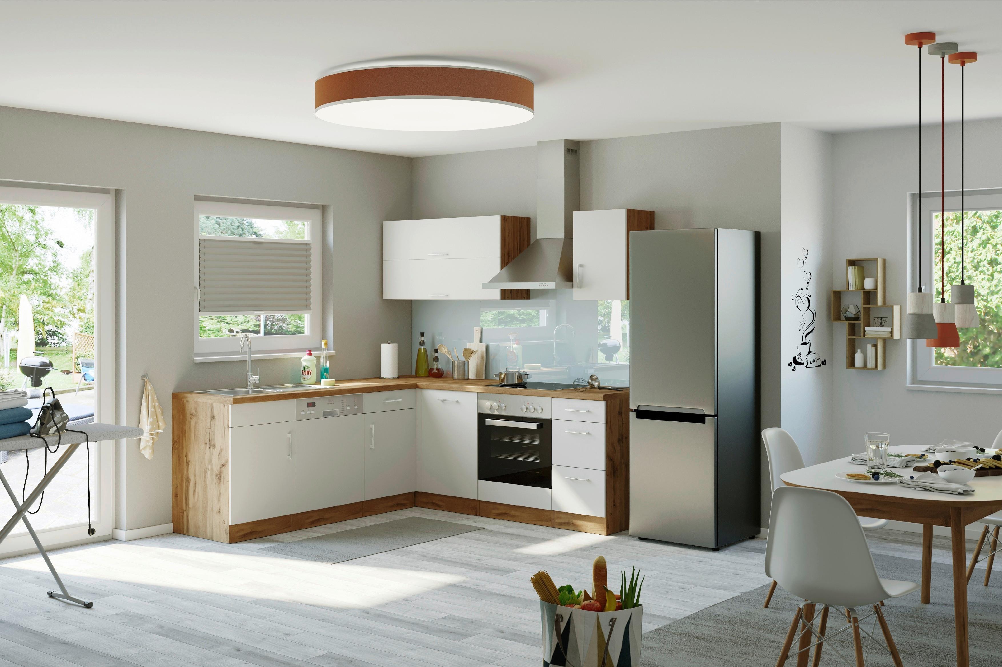 Eckküche Winkelblock mit Geräten ca. 210x210 cm Weiß - Chromfarben/Eiche Wotan, MODERN, Holzwerkstoff/Metall (210/210cm) - Held