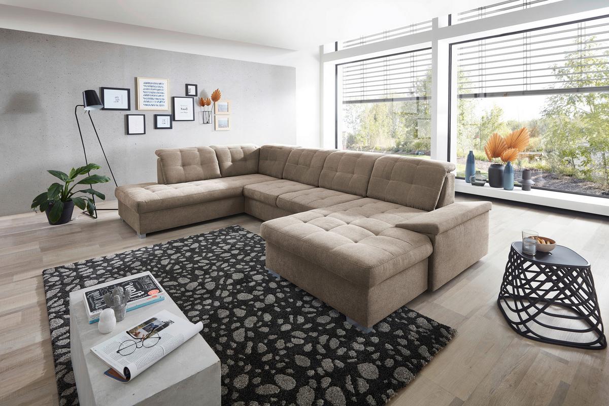 Wohnlandschaft Zira Taupe Nylon/Mikrofaser - Taupe/Chromfarben, Design, Kunststoff/Textil (212/330/169cm) - Livetastic