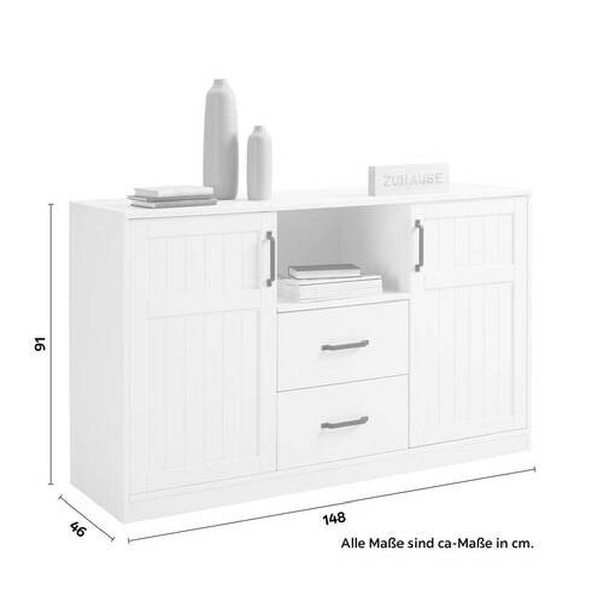 Sideboard Madita in Weiss vollmassiv - Weiss/Schwarz, Romantik / Landhaus, Holz/Holzwerkstoff (148/91/46cm) - Mömax