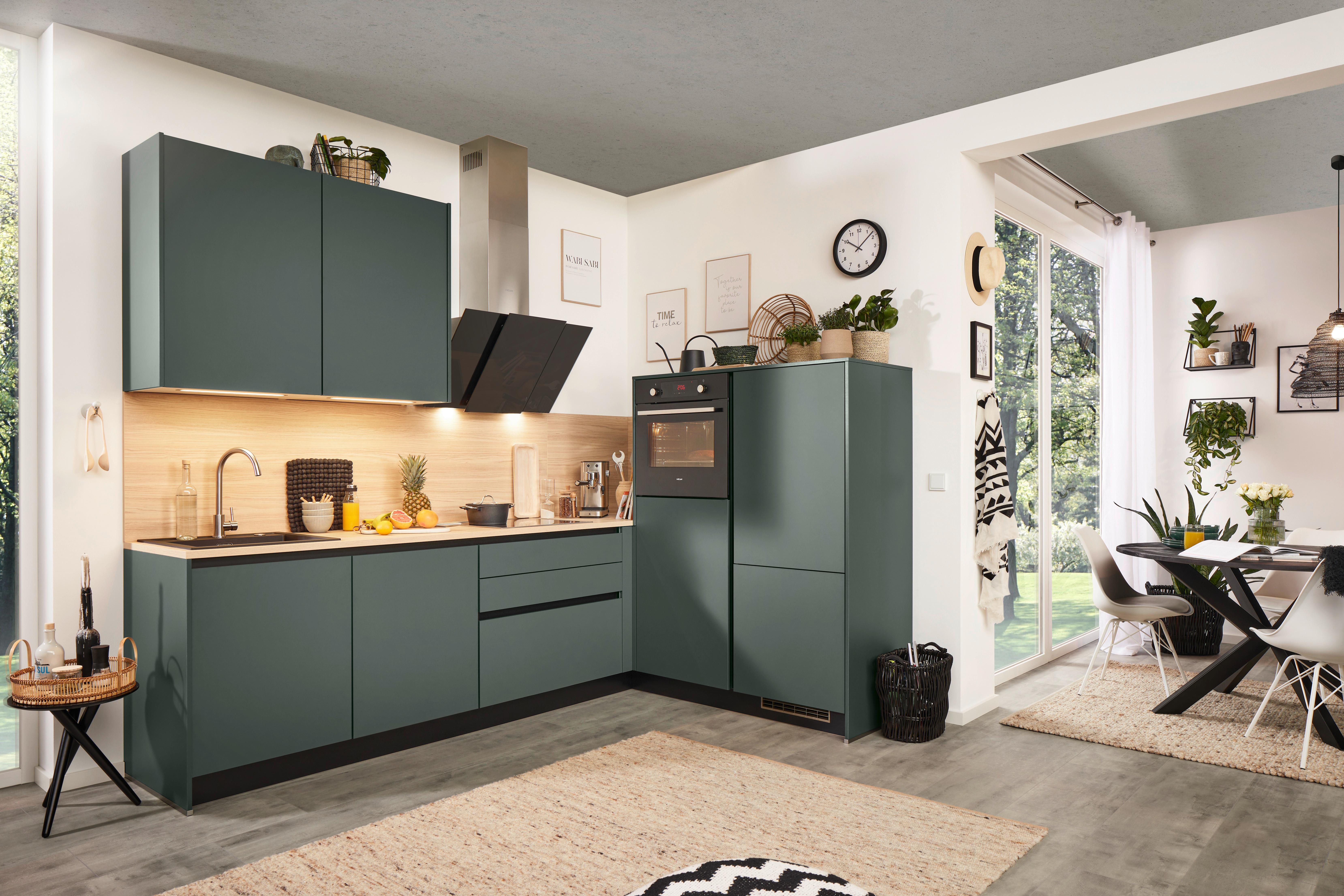 Eckküche Clean in Dunkelgrün - Dunkelgrün/Eichefarben, MODERN, Holzwerkstoff (276/183cm) - Express-Kuechen