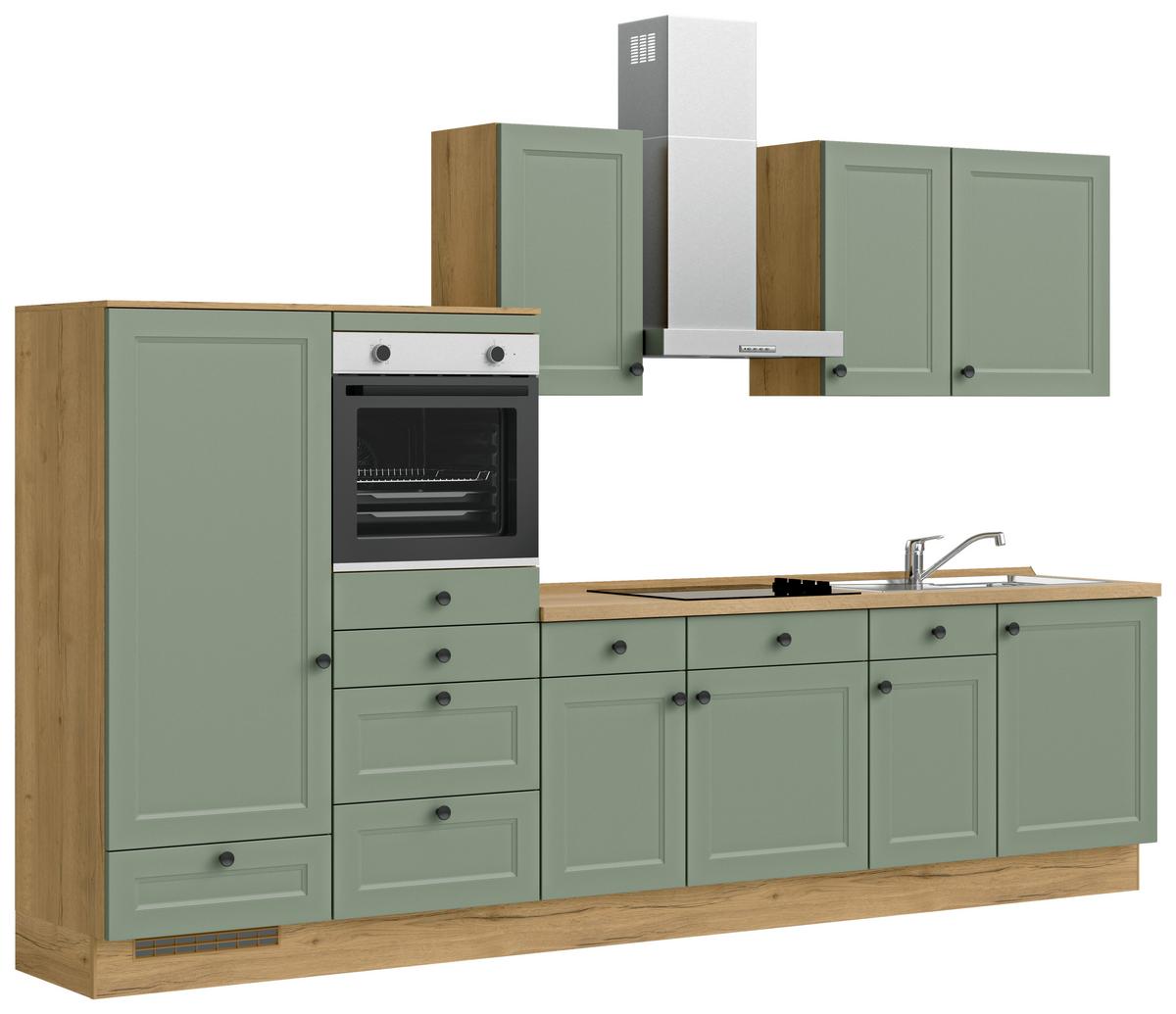 Küchenblock Cascada Low m. Geräten Schilfgrün - Schilfgrün/Eichefarben, MODERN, Holzwerkstoff/Metall (330cm) - Nobilia