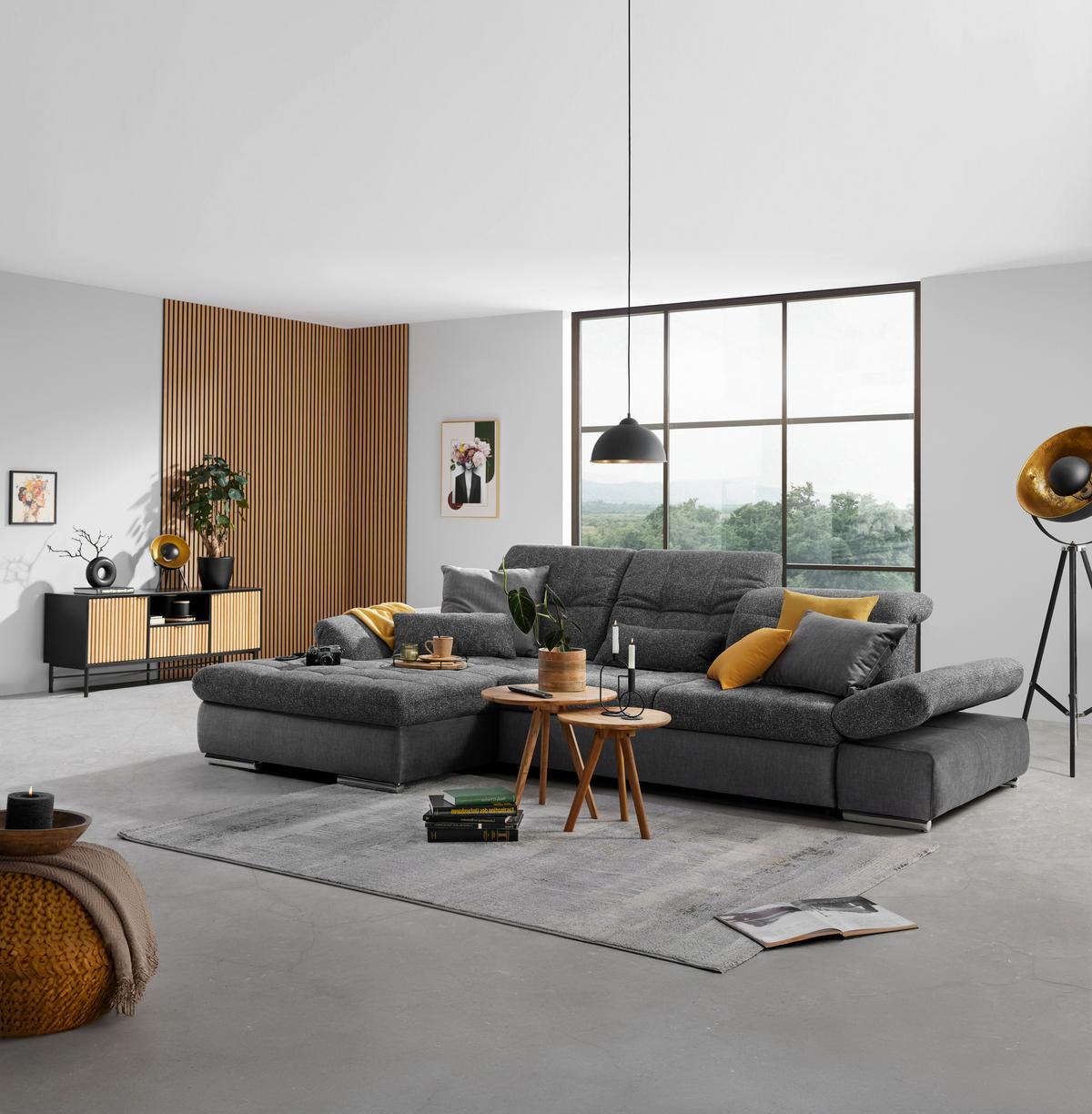 Wohnlandschaft Sanfino Graphitfarben/Grau - Chromfarben/Graphitfarben, KONVENTIONELL, Holz/Textil (199/79-96/305cm) - Premium Living