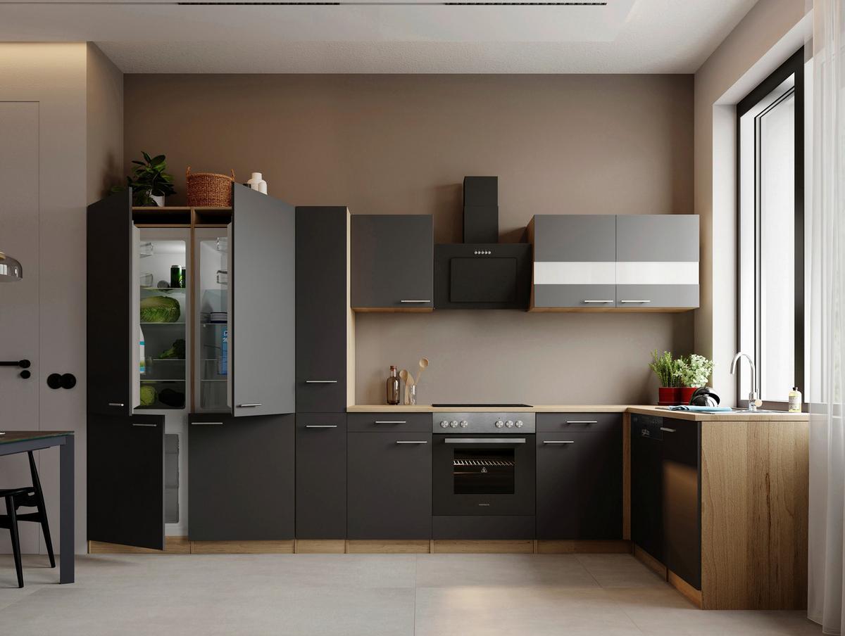 Eckküche Merle m. Geräten ca. 370x172cm Grau - Edelstahlfarben/Eichefarben, Trend, Holzwerkstoff/Metall (370/172cm) - Respekta
