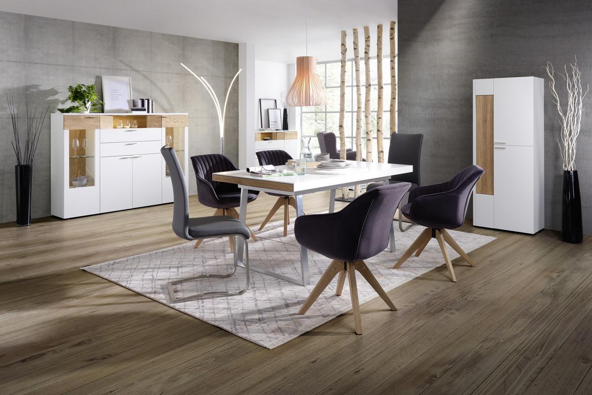 Highboard aus Eiche teilmassiv - Weiss/Edelstahlfarben, Modern, Glas/Holzwerkstoff (180/132/40cm) - Premium Living