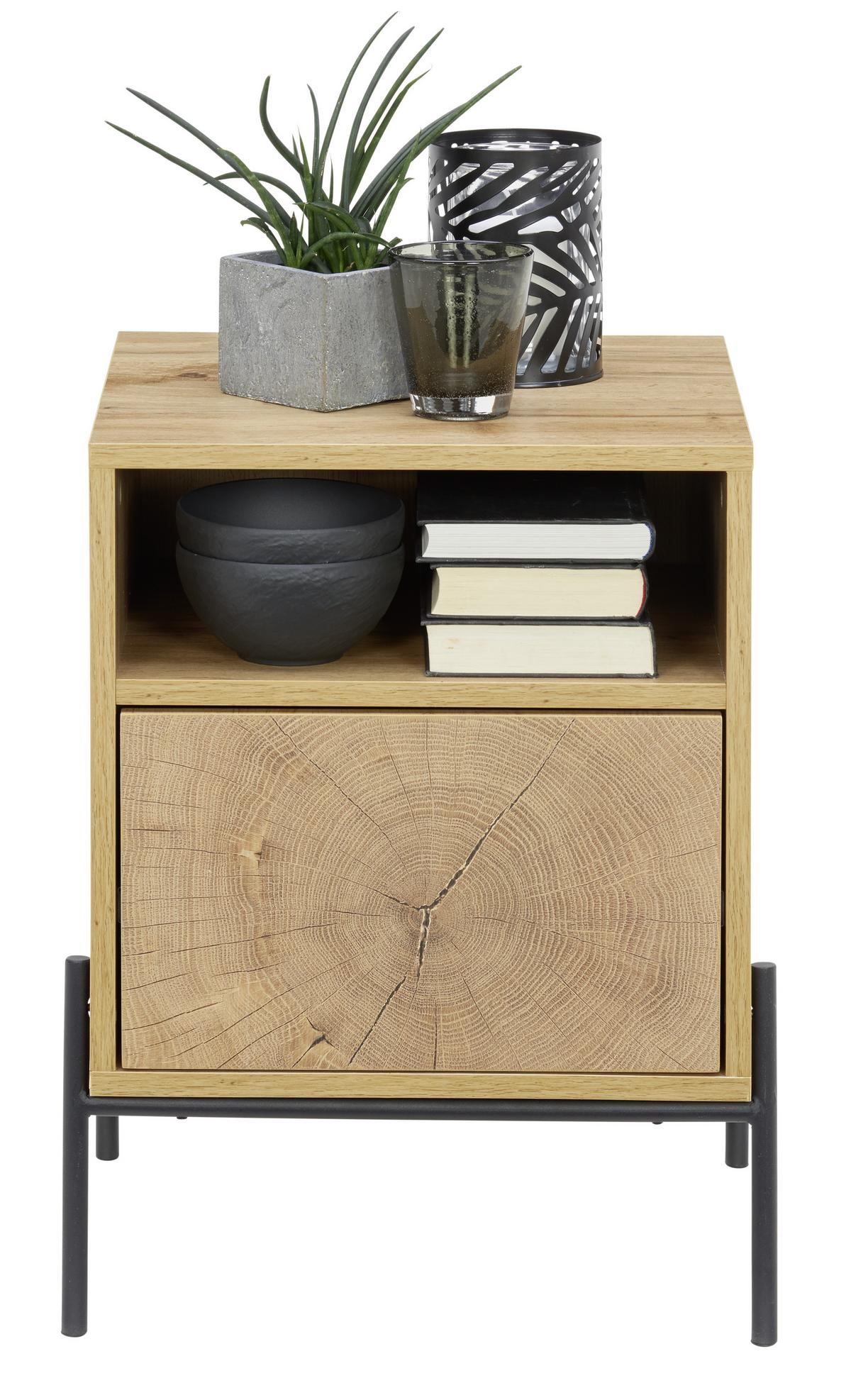 SZAFKA NOCNA LIVI - kolor dębowy/czarny, Design, materiał drewnopochodny/metal (44/55/40cm) - Carryhome