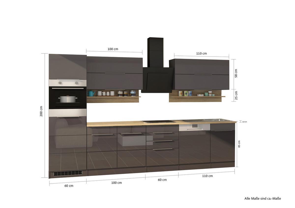 Küchenleerblock Neapel II Grau Hochglanz/Eichefarben - Grau Hochglanz/Alufarben, MODERN, Holzwerkstoff/Metall (330cm) - Held