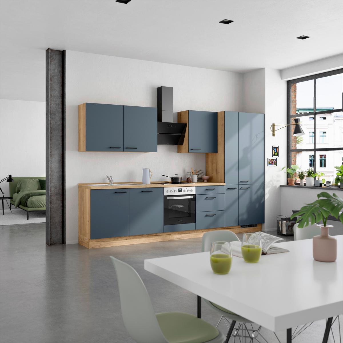 Küchenblock Easytouch High m. Geräten Dunkelblau - Eichefarben/Schwarz, MODERN, Holzwerkstoff/Metall (330cm) - Nobilia