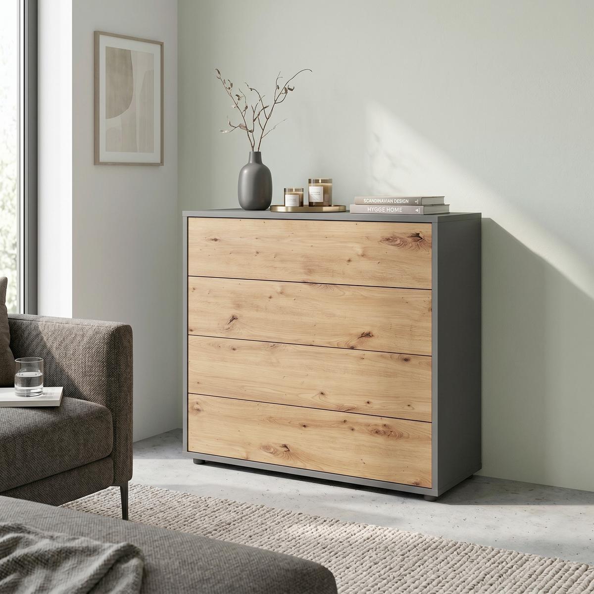 Kommode Mailand Typ 3 Anthrazit/Eichefarben - Anthrazit/Schwarz, MODERN, Holzwerkstoff/Kunststoff (79/73/33cm) - MID.YOU