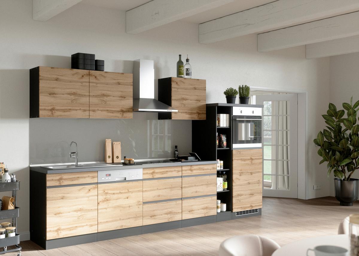 Küchenzeile Turin mit Geräten ca. 330 cm Graphit/Eiche - Eiche Wotan/Graphitfarben, Design, Holzwerkstoff (330cm) - Held