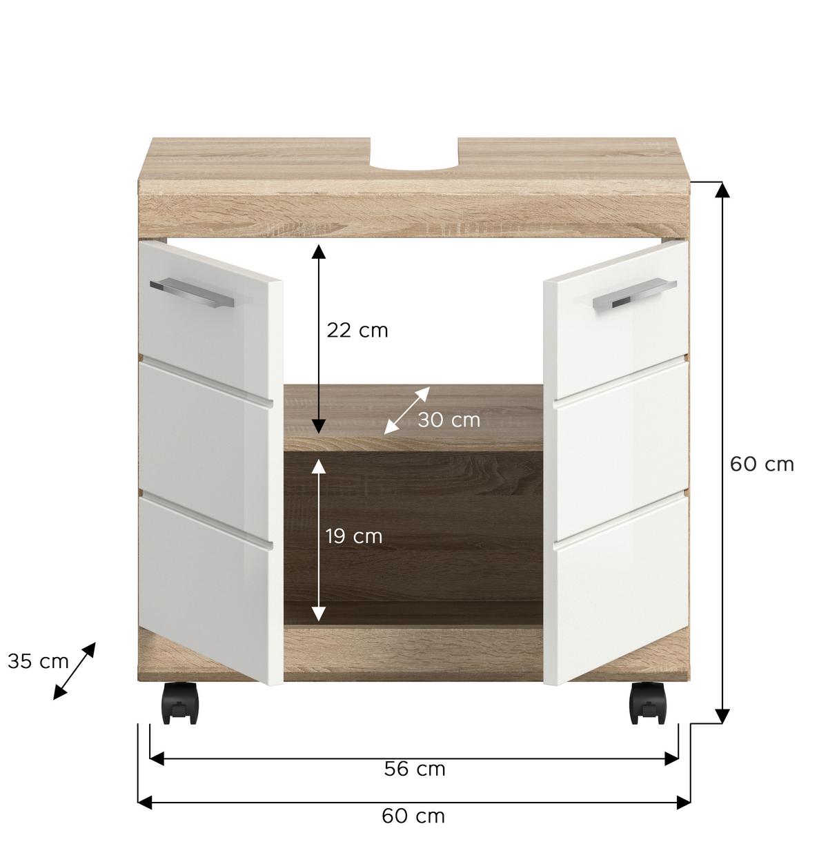 Waschbeckenunterschrank Lambada Weiß HG/Sonoma Eiche - Weiß Hochglanz/Silberfarben, Trend, Holzwerkstoff/Kunststoff (60/60/34cm) - MID.YOU