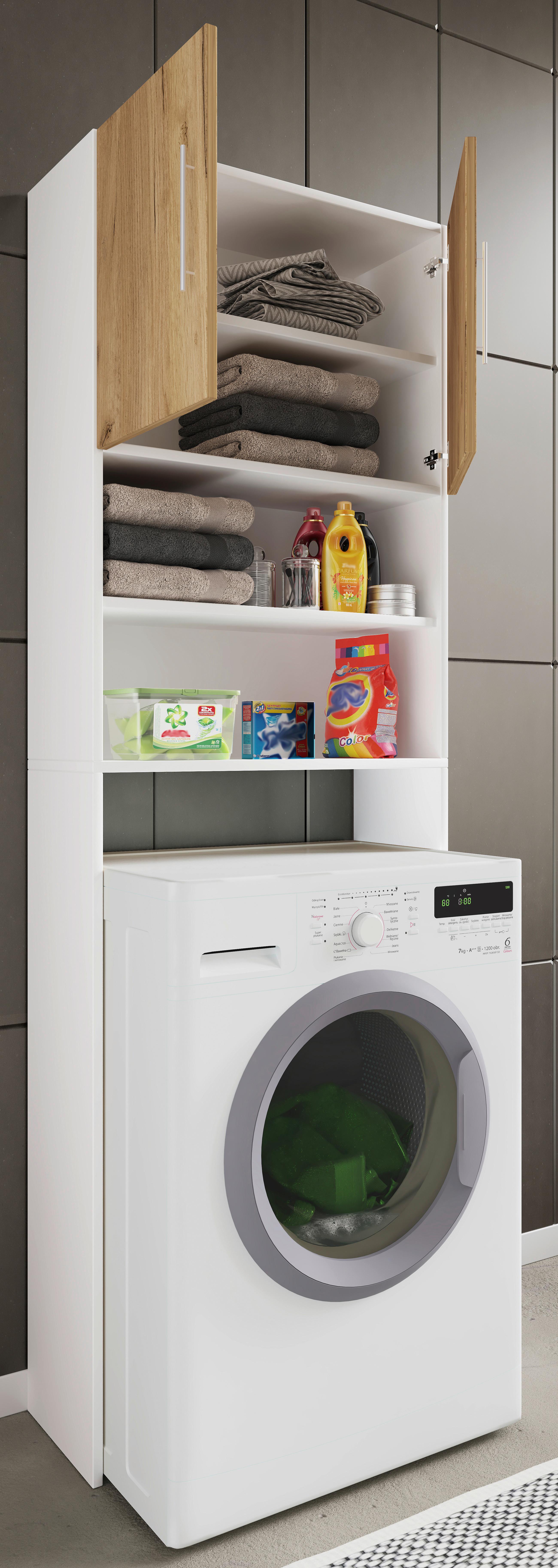 Waschmaschinenschrank JUTAS Honig Eiche Weiß - Honigeiche/Silberfarben, MODERN, Holzwerkstoff/Kunststoff (64/190/25cm) - MID.YOU