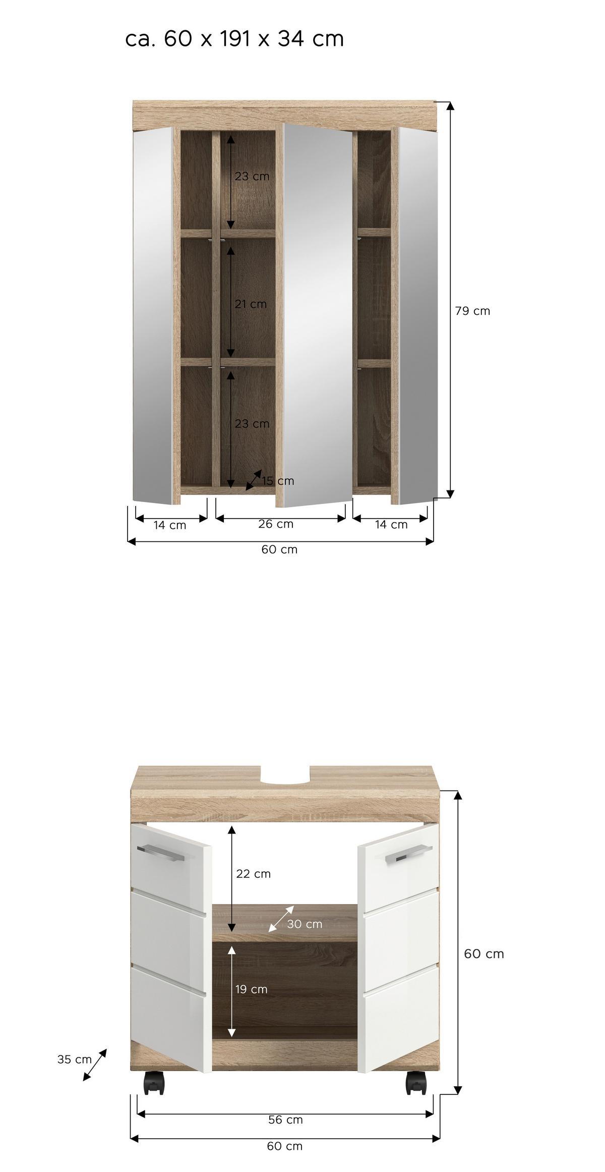 BADEZIMMER LAMBADA - Weiß Hochglanz/Silberfarben, Trend, Glas/Holzwerkstoff (60cm) - MID.YOU