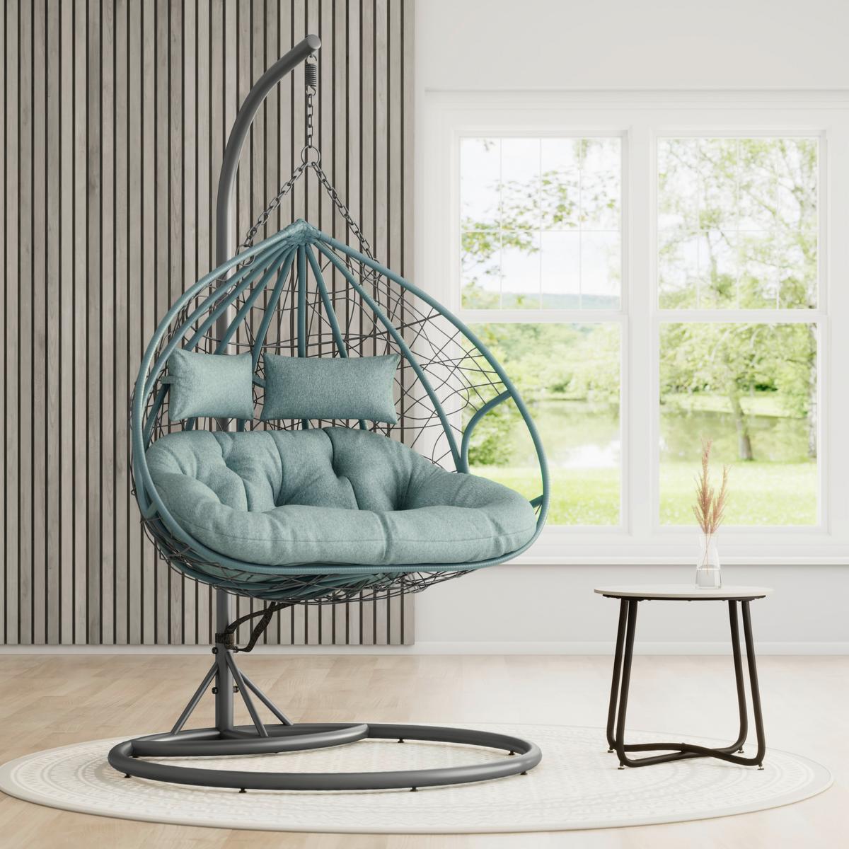 Fotoliu suspendat Enea - gri închis/turcoaz, Modern, plastic/metal (133/205/120cm) - Bessagi Garden