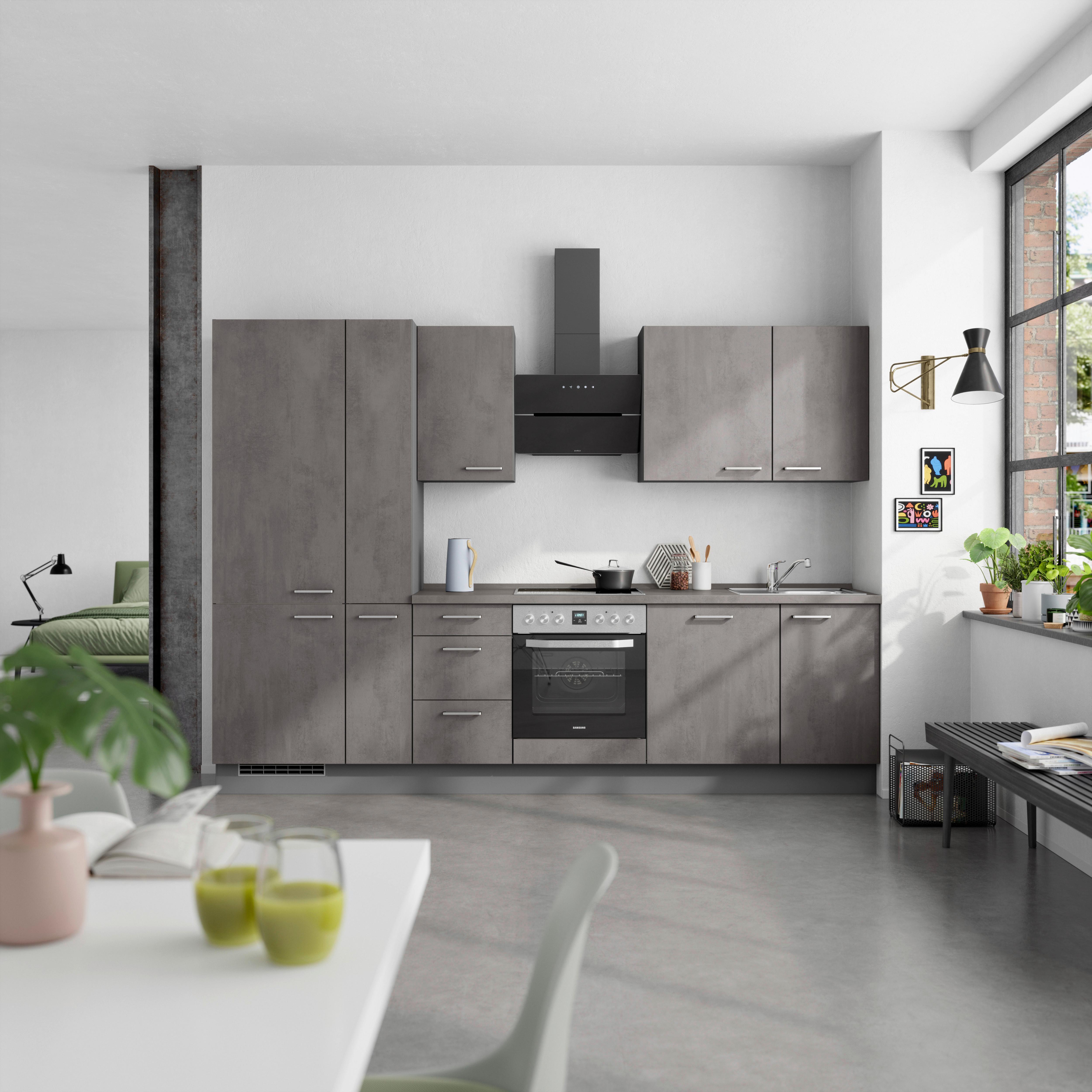 Küchenblock Riva High m. Geräten Schieferfarben - Schieferfarben/Edelstahlfarben, MODERN, Holzwerkstoff/Metall (300cm) - Nobilia