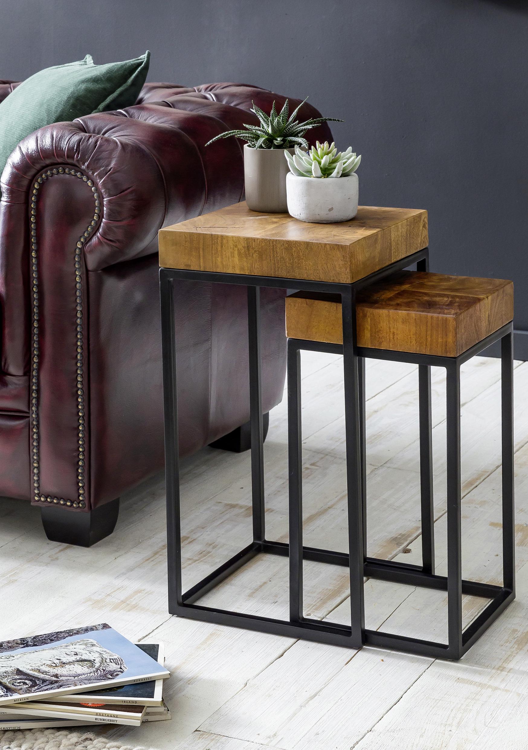 Satztisch " WL5.660" , 2 - er Set , aus Sheesham - Sheeshamfarben/Schwarz, Design, Holz/Metall (30/30/60cm) - MID.YOU
