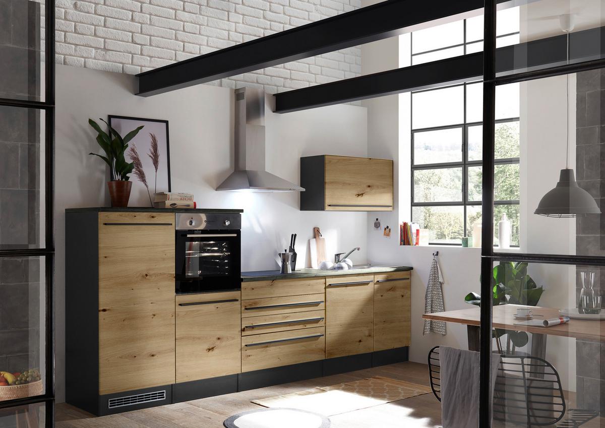 Küchenblock Jazz mit Geräten ca.320 cm Eiche/Anthrazit - Anthrazit/Schwarz, Basics, Holzwerkstoff/Kunststoff (320cm) - P & B