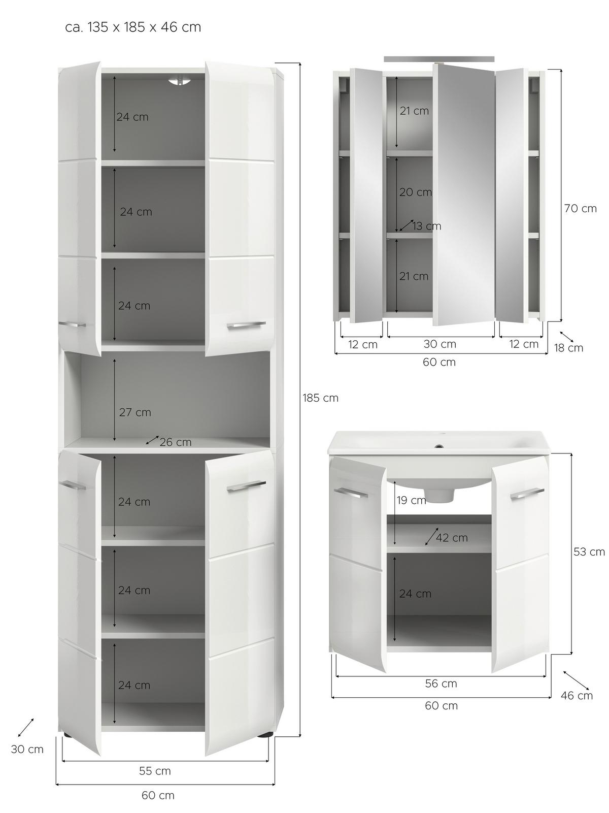 Badezimmer Ice 3-tlg. ca. 120 cm Weiß - Weiß Hochglanz/Silberfarben, MODERN, Keramik/Holzwerkstoff (120cm) - MID.YOU