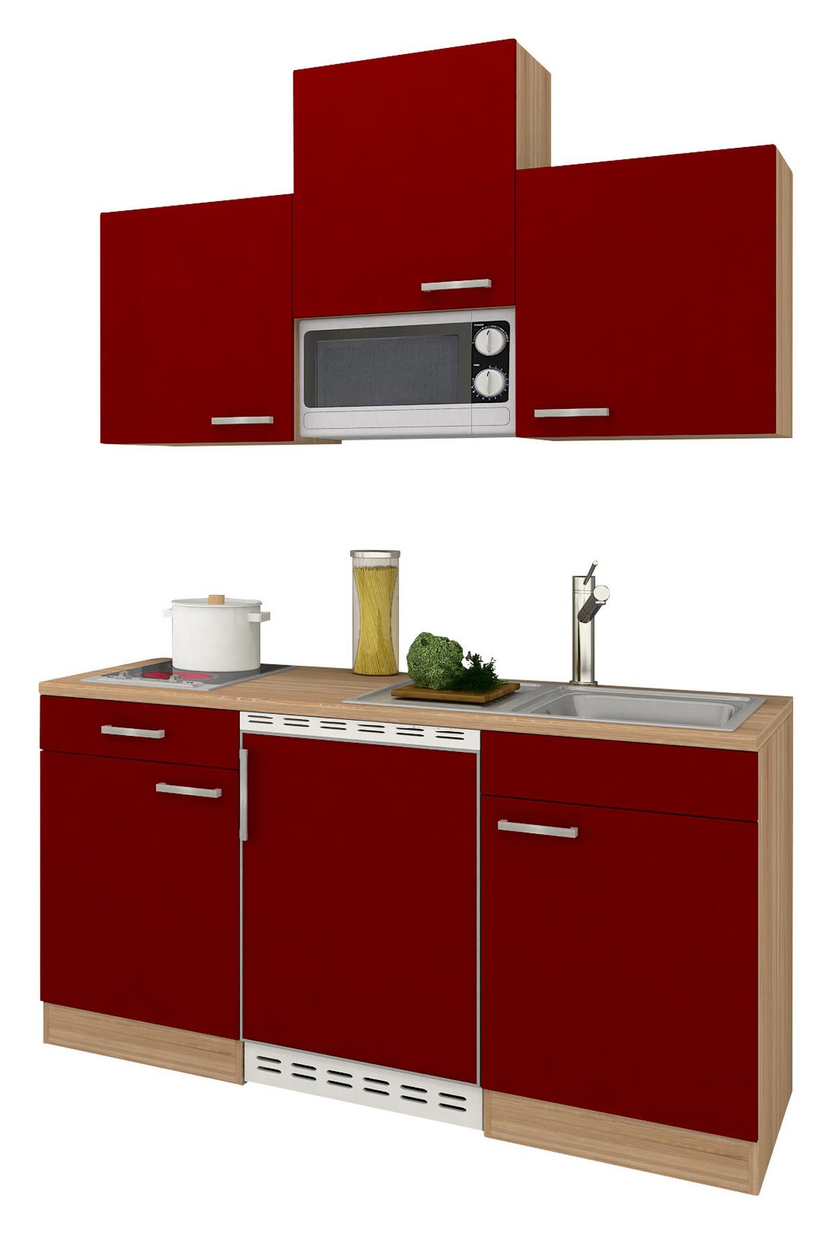 Miniküche Economy m. Geräten B: ca. 150cm Rot/Eichefarben - Rot, Basics, Holzwerkstoff (150cm) - Respekta