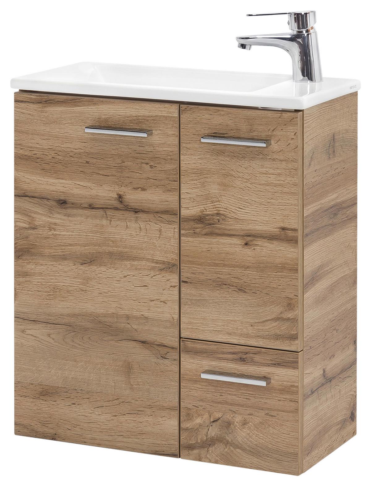 Waschtischkombi Matteo Eiche - Eichefarben/Weiß Hochglanz, MODERN, Keramik/Holzwerkstoff (50cm) - MID.YOU