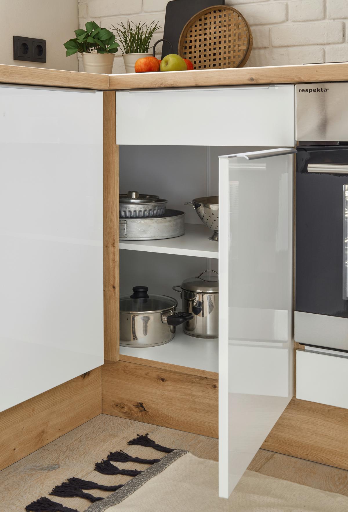 Eckküche Marleen m. Geräten Eiche/Weiß Hochgl ca.220x170cm - Weiß Hochglanz/Alufarben, LIFESTYLE, Holzwerkstoff/Kunststoff (220/170cm) - Respekta